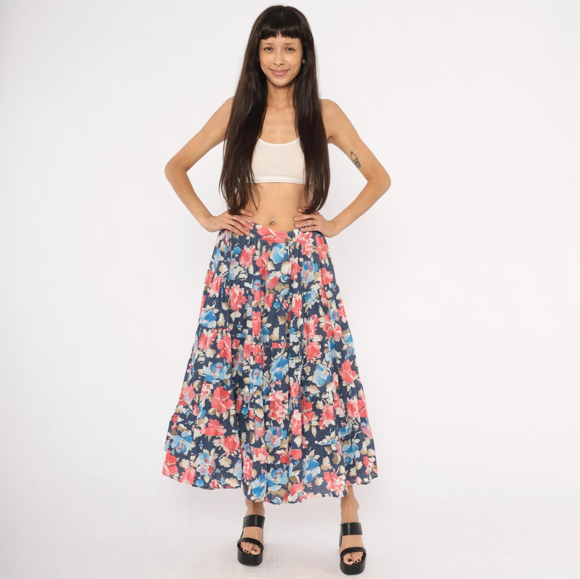 80s Navy Floral Tiered Cotton Midi Skirt Watercolor Print Large L