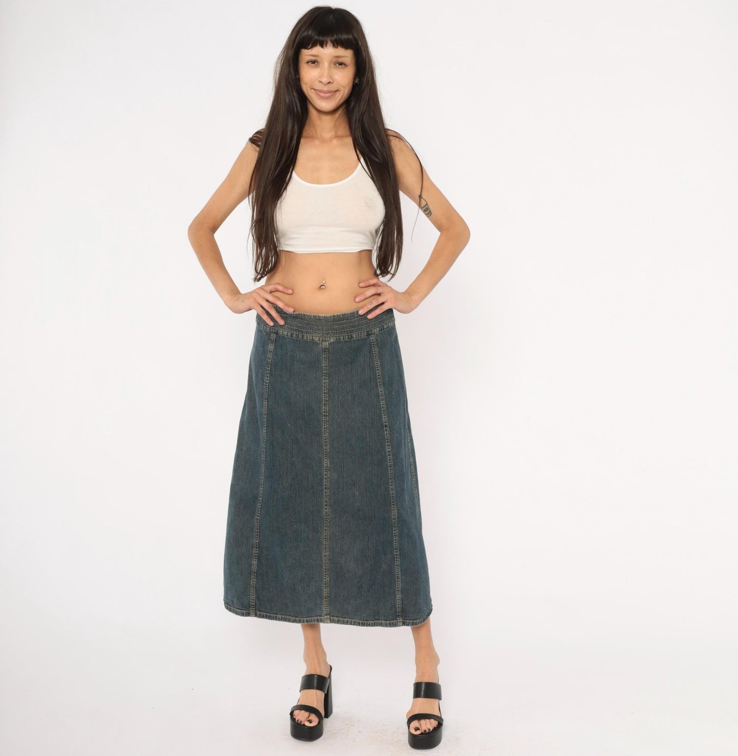 2000s Tommy Hilfiger Denim Midi Skirt Navy A-Line Low Rise Medium M