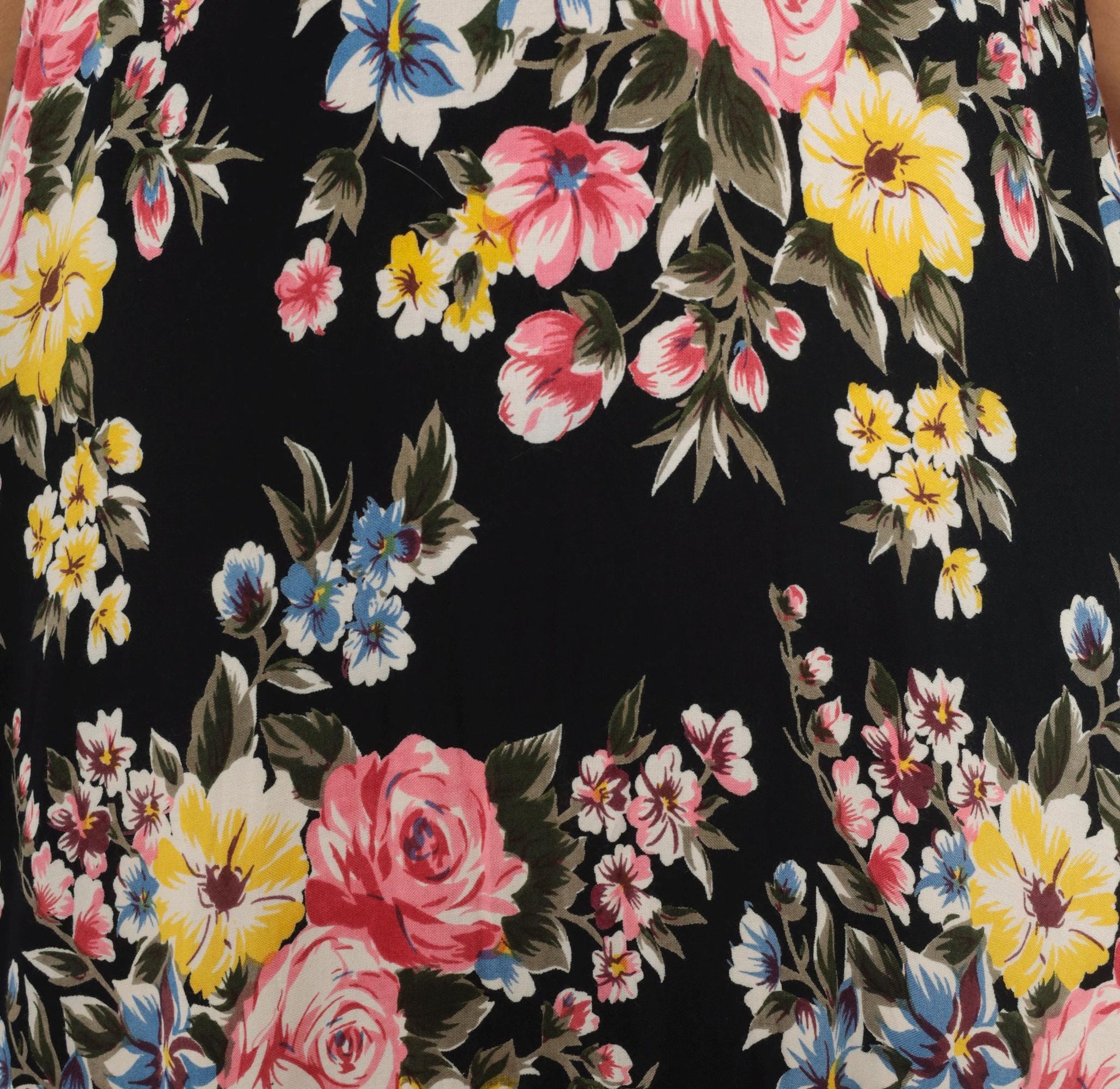 90s Style Works Floral Maxi Dress Black Pink Rose Yellow Blue Sleeveless Medium M