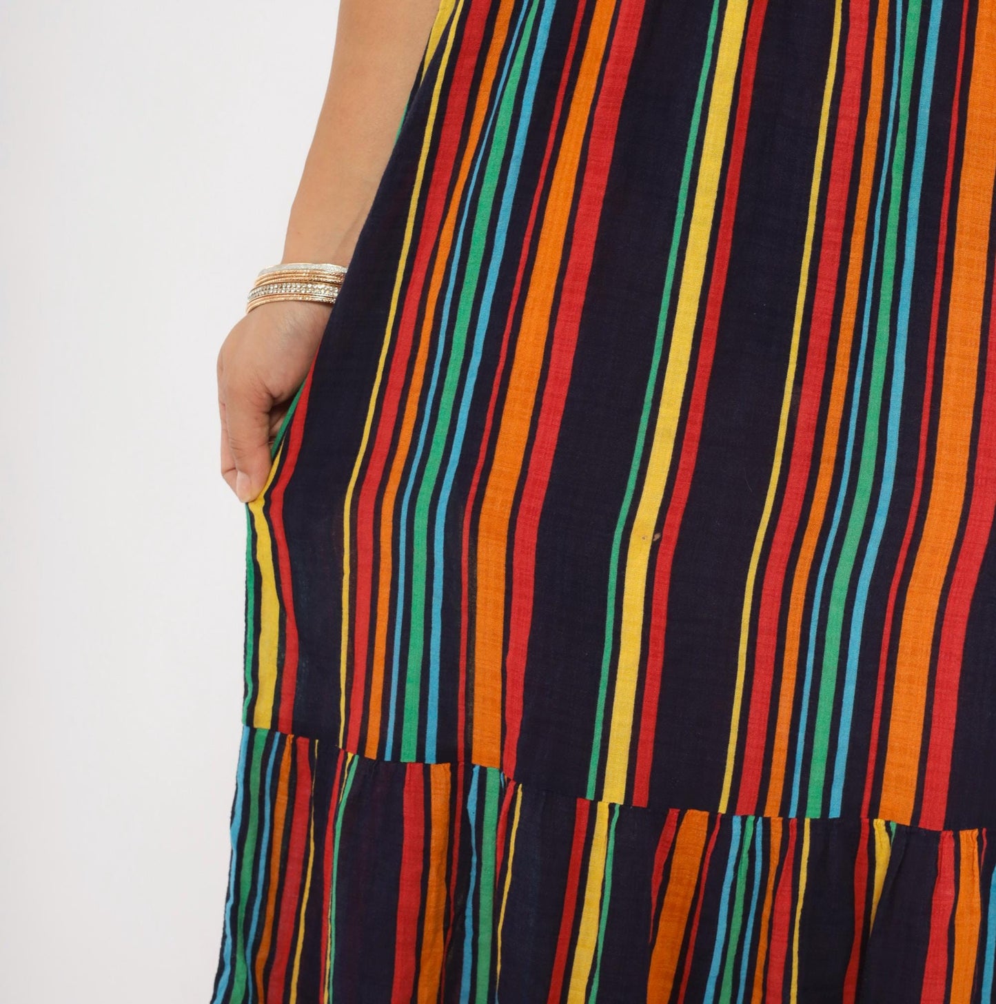 2000s Rainbow Stripe Maxi Dress Navy Multicolor Tiered Skirt Medium M