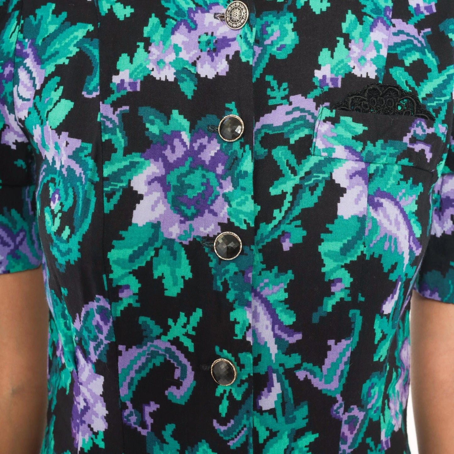 90s Petite Jazz Floral Sheath Dress Puff Sleeve V-Neck Black Teal Purple Extra Small XS
