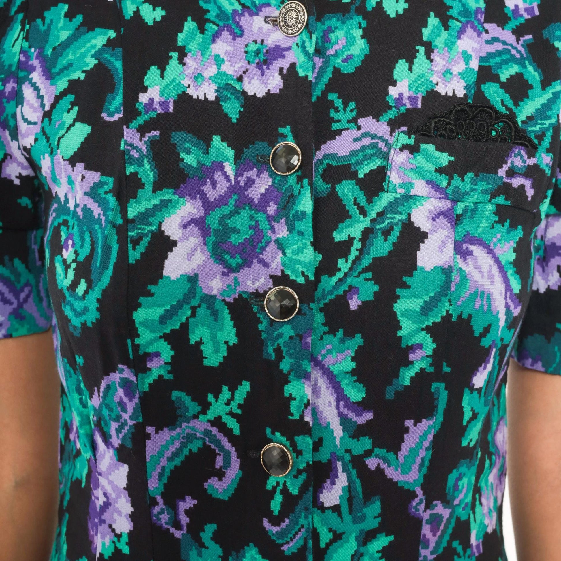 90s Petite Jazz Floral Sheath Dress Puff Sleeve V-Neck Black Teal Purple Extra Small XS