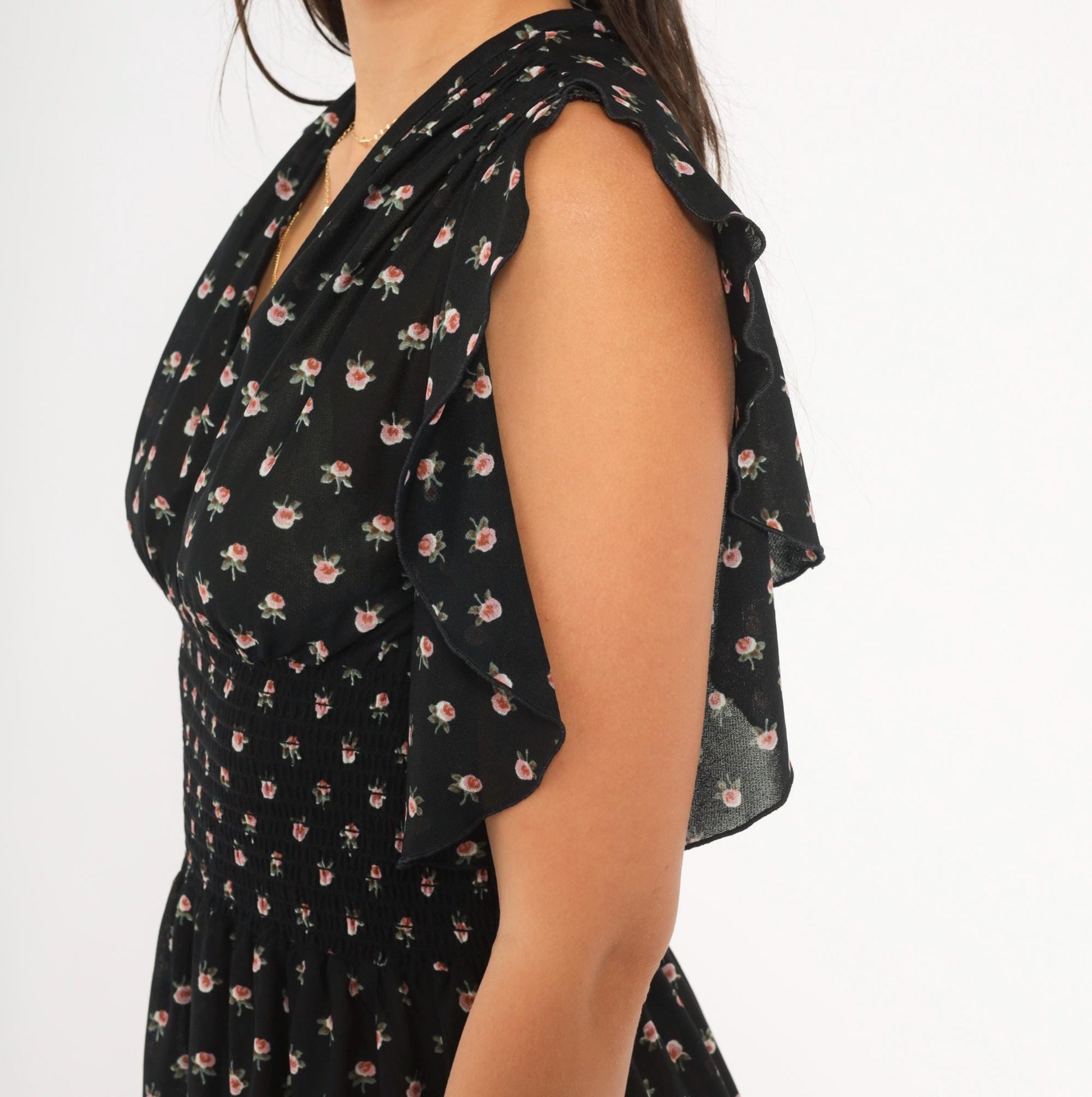 70s Act 1 New York Floral Midi Dress Flutter Sleeve Black Rose Print Small Medium