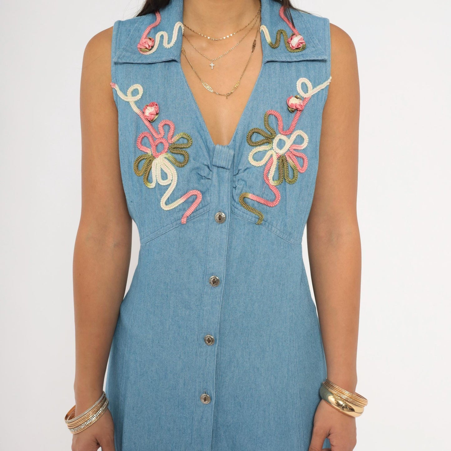 90s Midnite Light Blue Denim Maxi Dress Floral Embroidery Collared Medium M