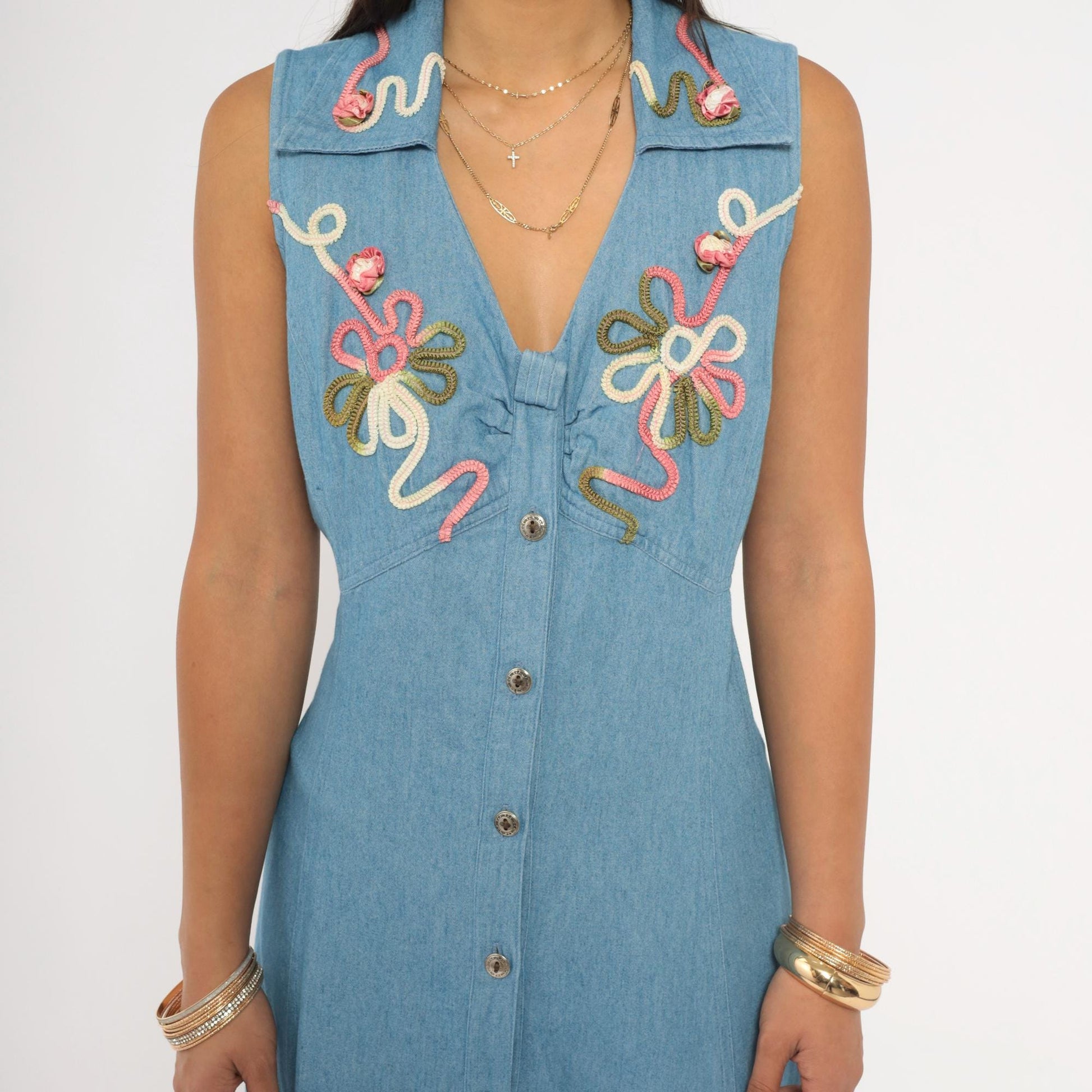 90s Midnite Light Blue Denim Maxi Dress Floral Embroidery Collared Medium M