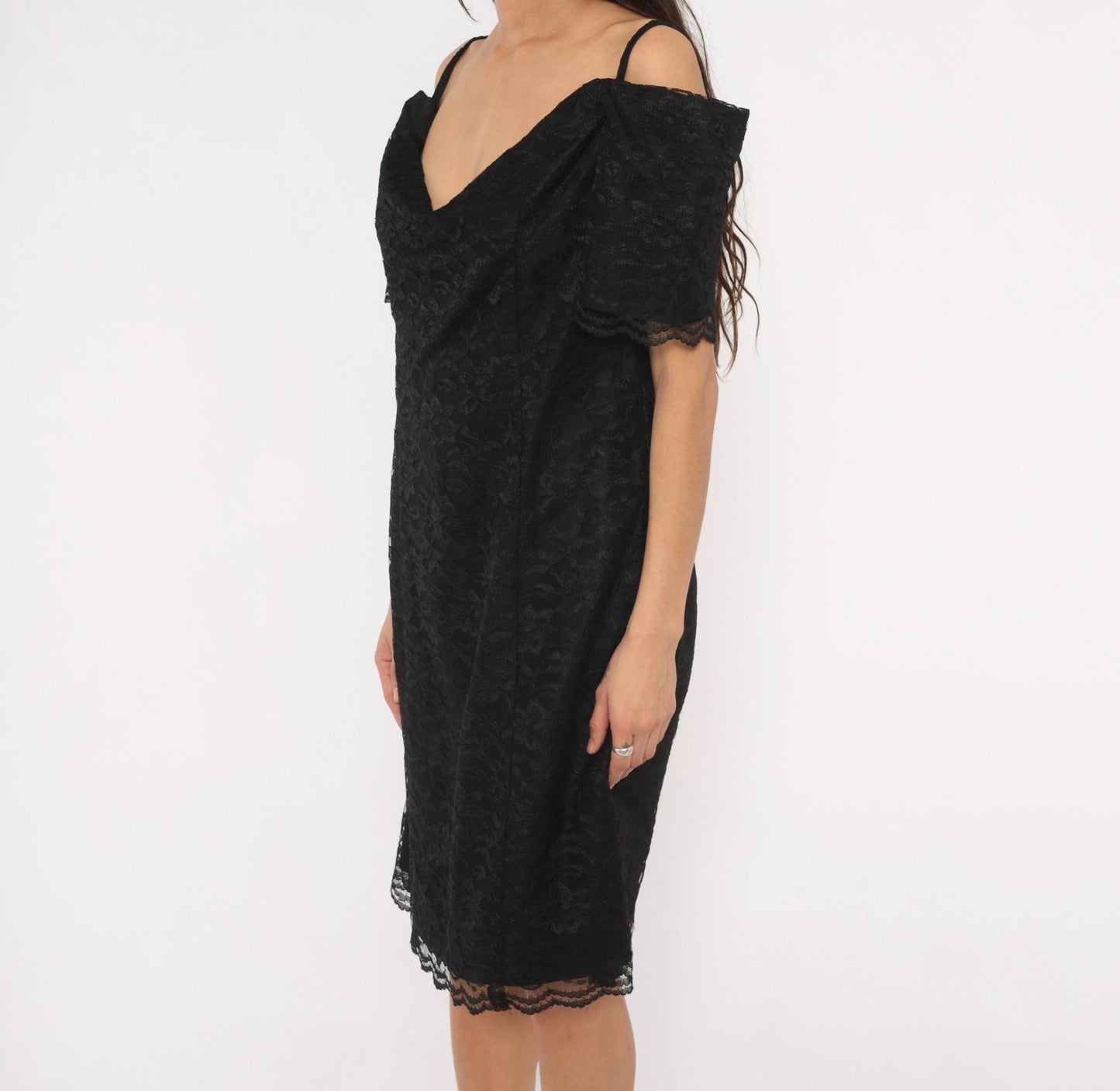 90s Victoria Stephens Black Lace Cold Shoulder Dress Knee Length Large L