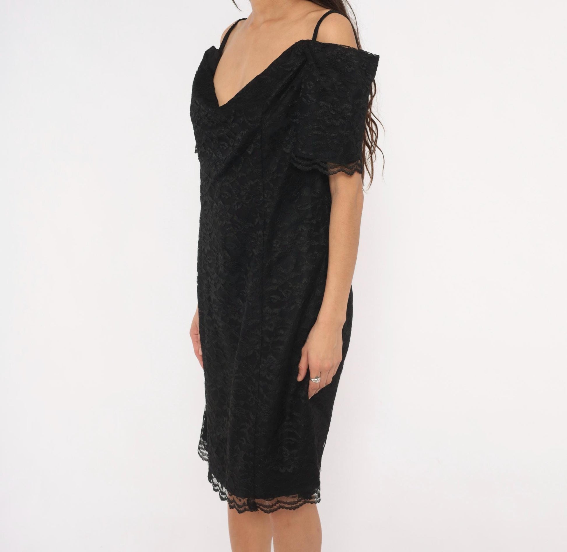 90s Victoria Stephens Black Lace Cold Shoulder Dress Knee Length Large L