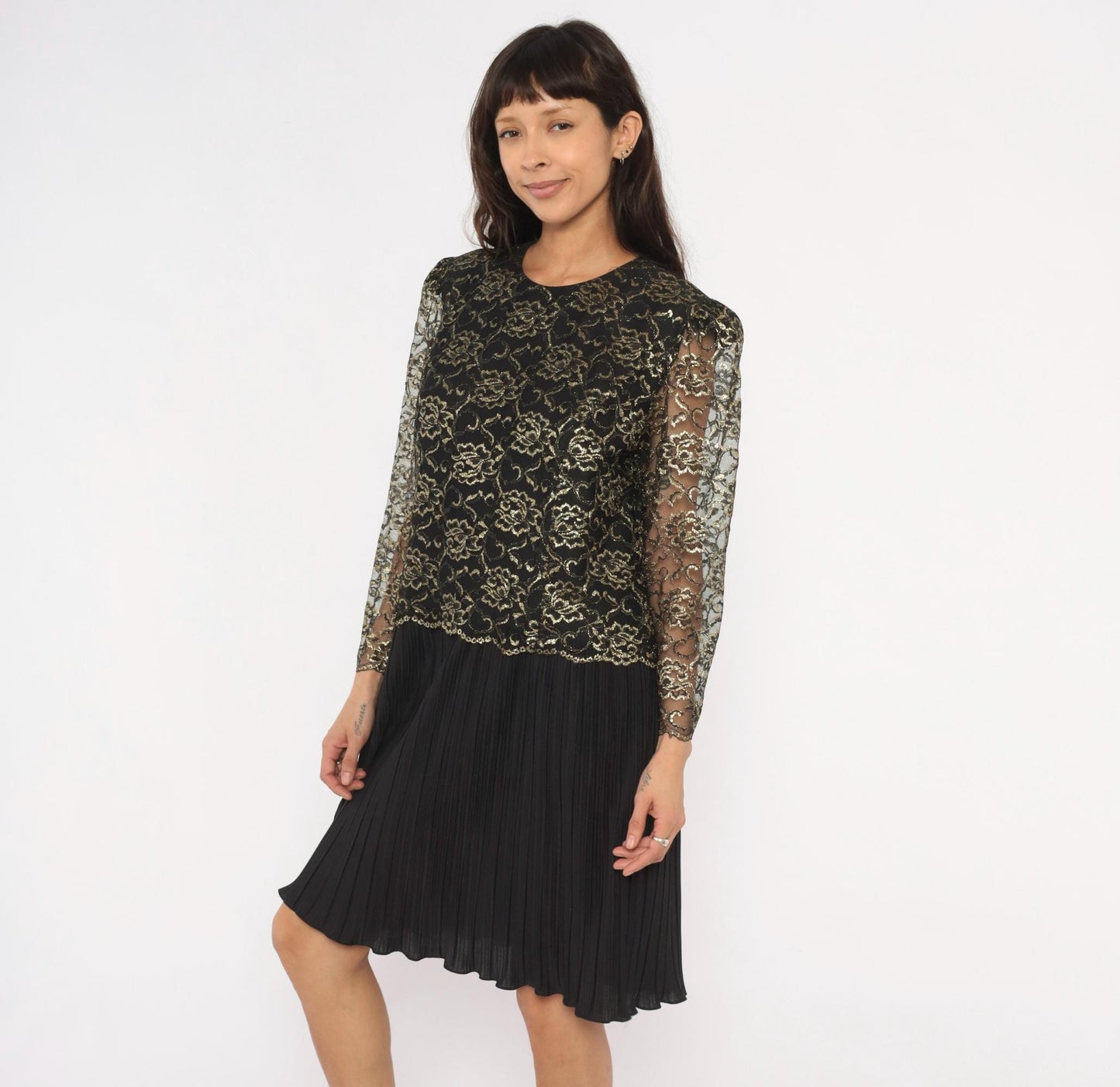 90s Good Times Black Gold Lace Overlay Dress Pleated Skirt Drop Waist Large L