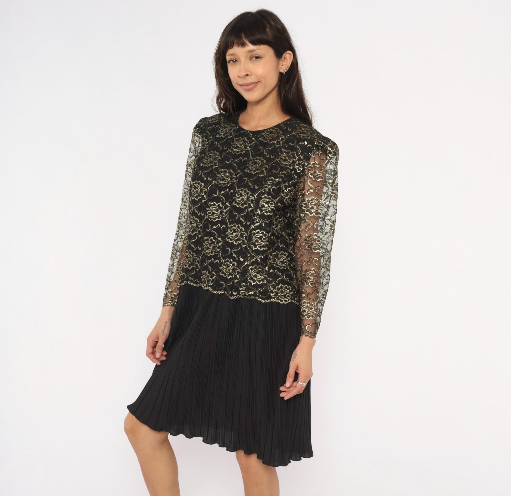 90s Good Times Black Gold Lace Overlay Dress Pleated Skirt Drop Waist Large L