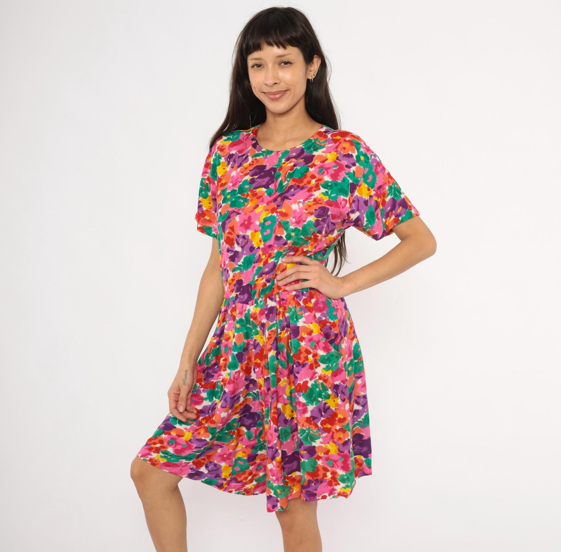 90s S.Roberts Watercolor Floral Romper Pink Purple Green Small