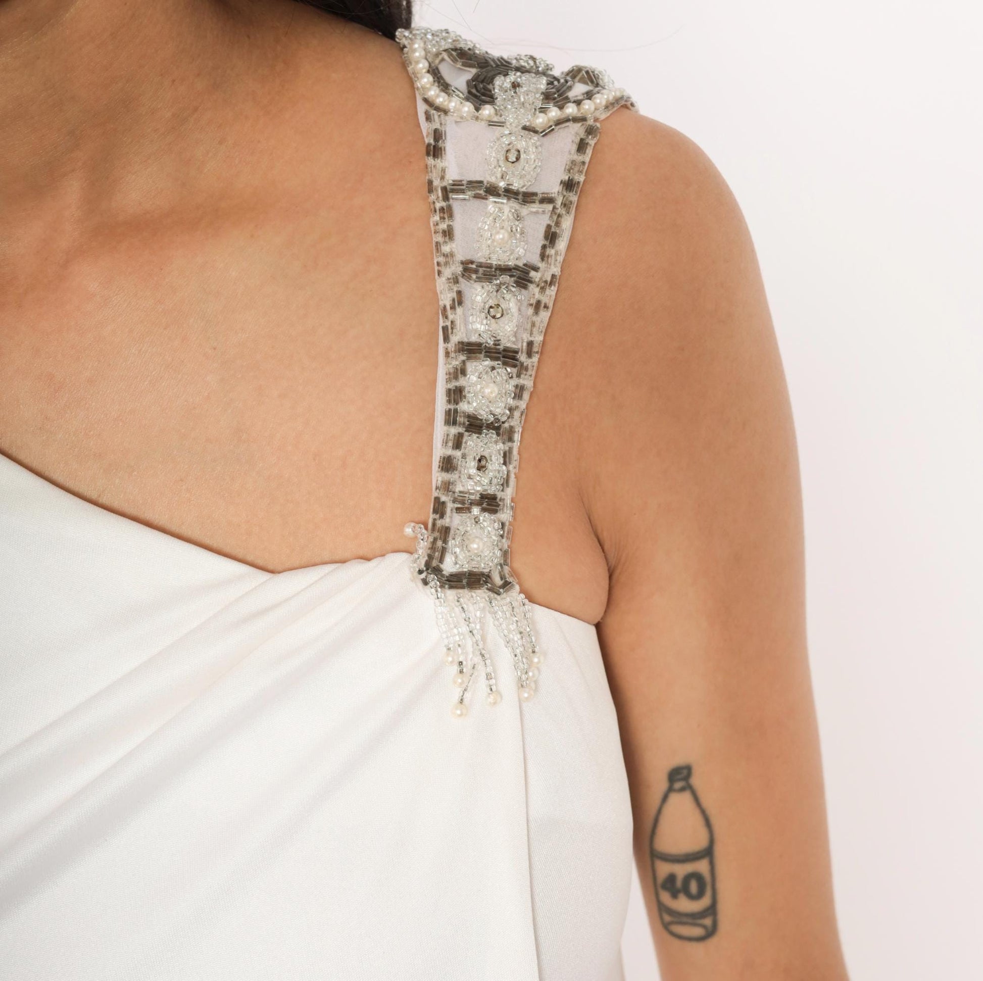 70s White Maxi Gown Asymmetrical Neckline Beaded Crystal Strap Small