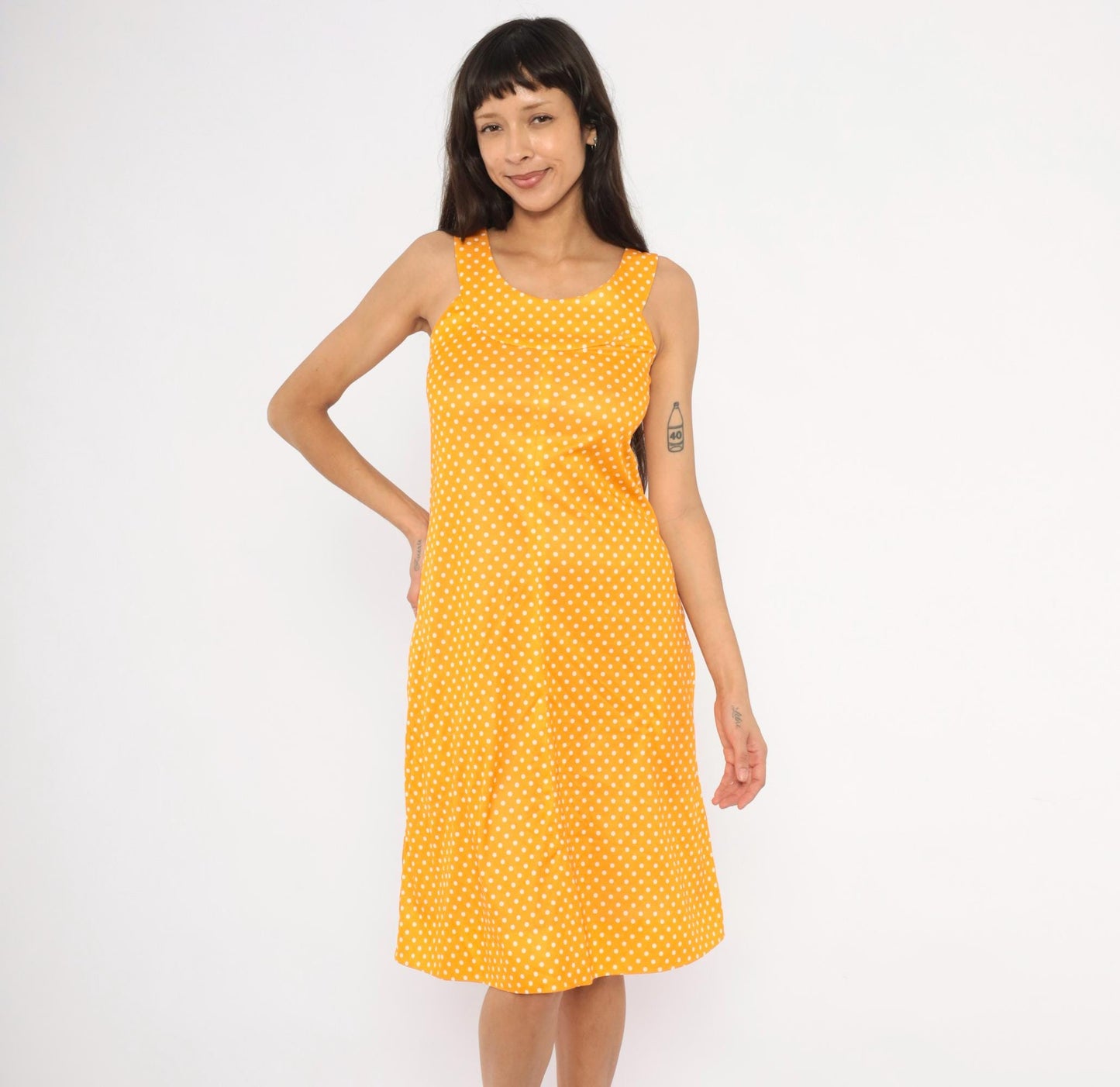 70s Yellow White Polka Dot Sundress Empire Waist Tank Small