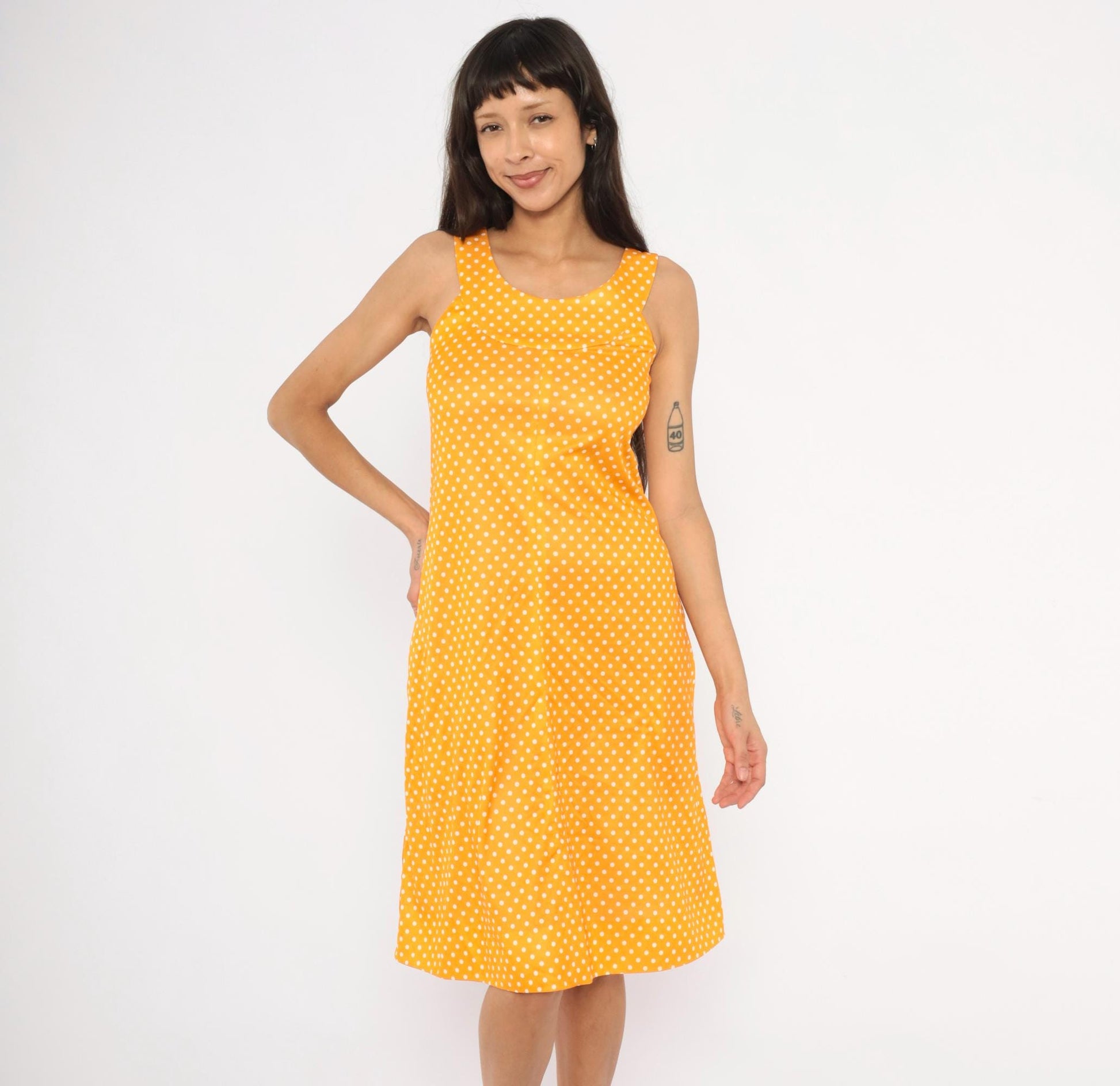 70s Yellow White Polka Dot Sundress Empire Waist Tank Small