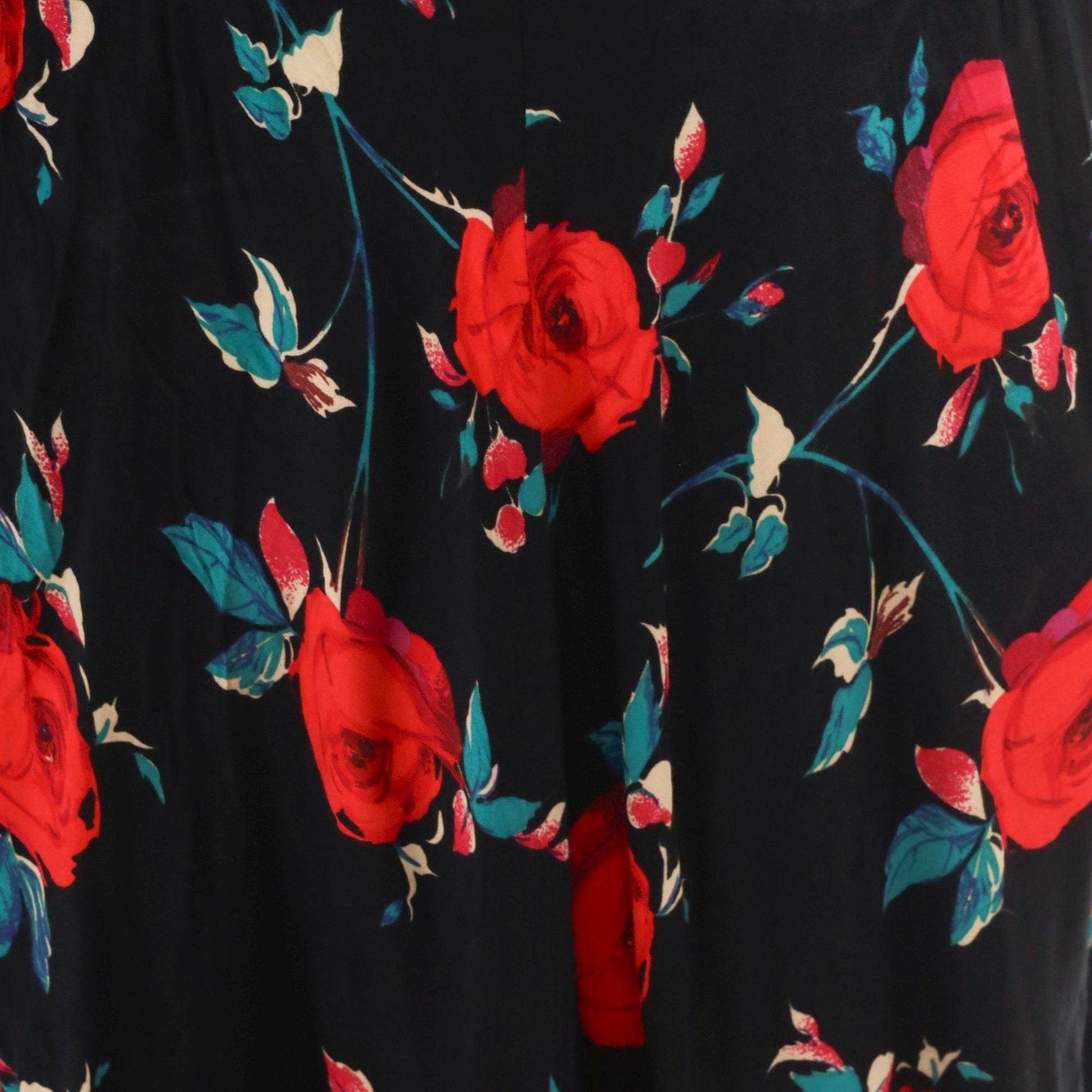 90s Nina Piccalino Black Midi Dress Red Rose Print Mandarin Collar Large L