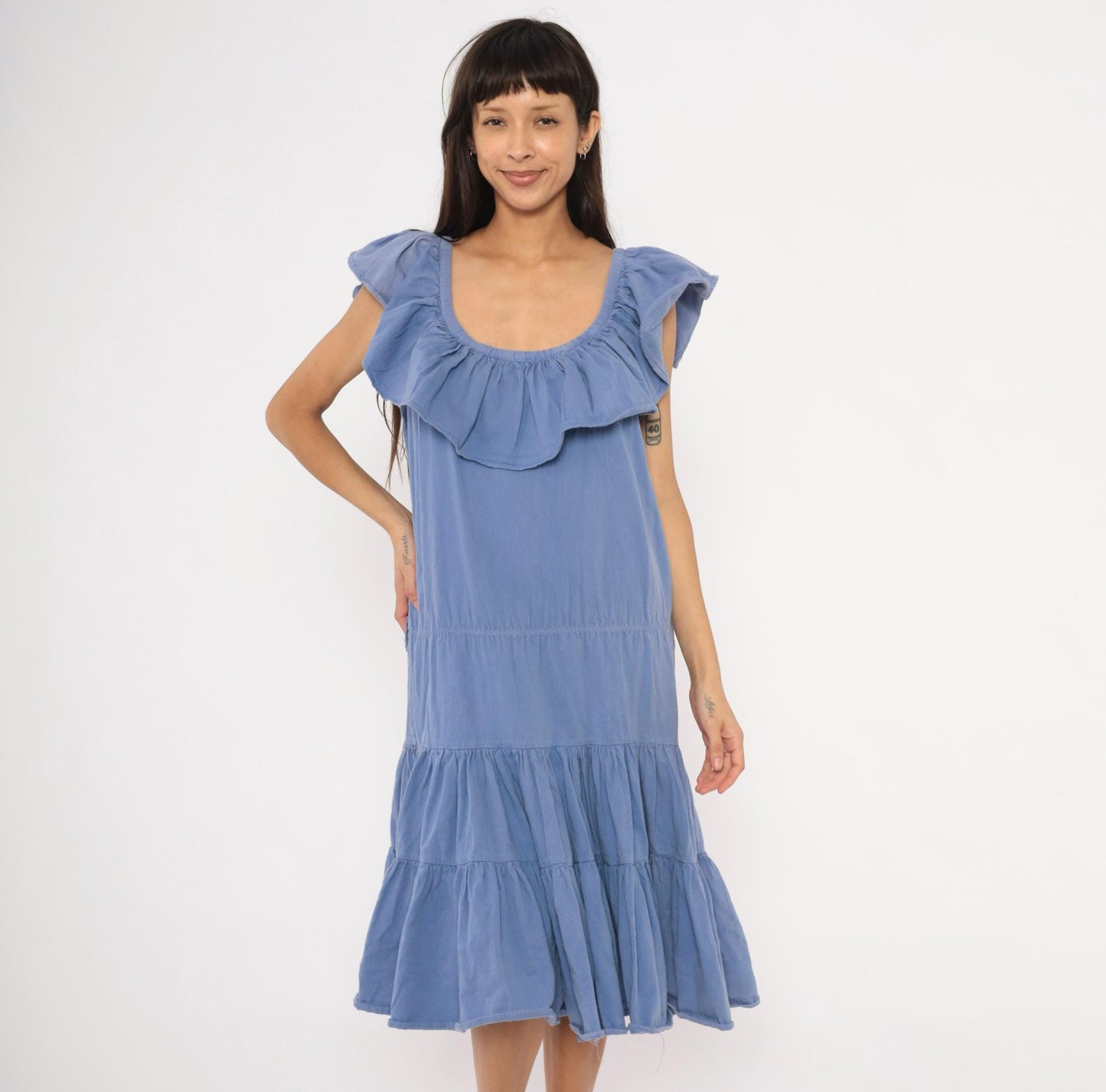 80s Jb Periwinkle Cotton Sundress Tiered Ruffle Midi Powder Blue Large L
