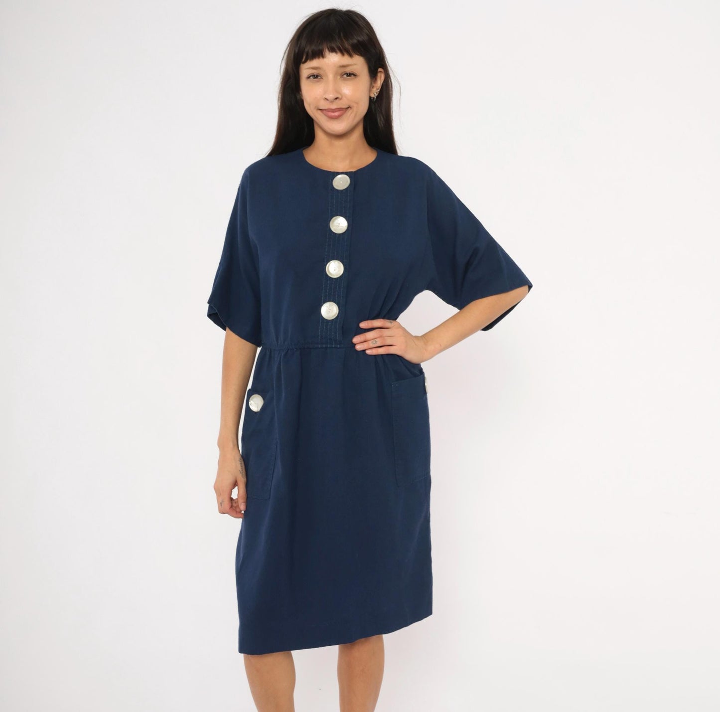 80s Leslie Fay Navy Button-Front Dress Knee-Length Elastic Waist Large L