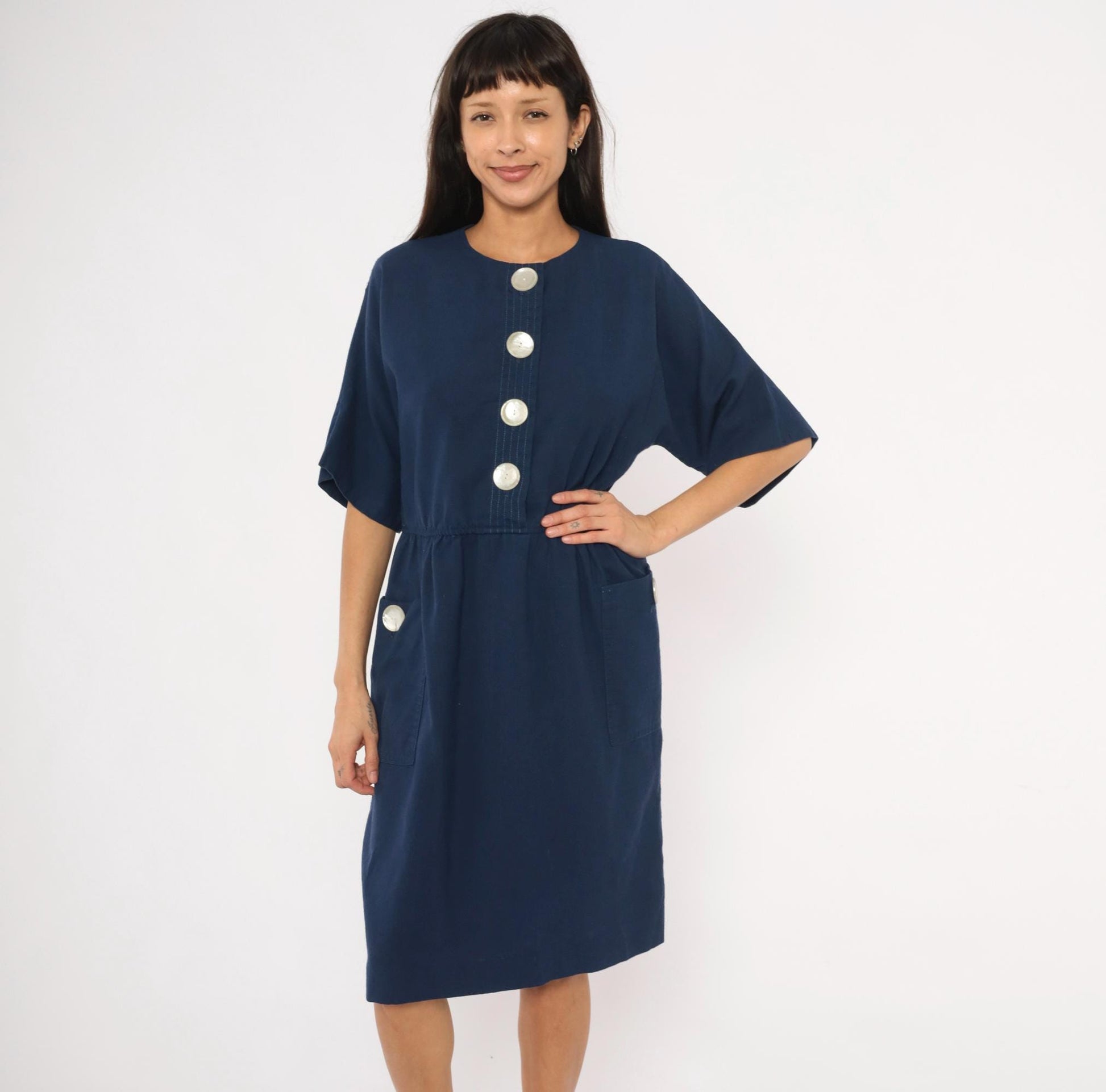 80s Leslie Fay Navy Button-Front Dress Knee-Length Elastic Waist Large L