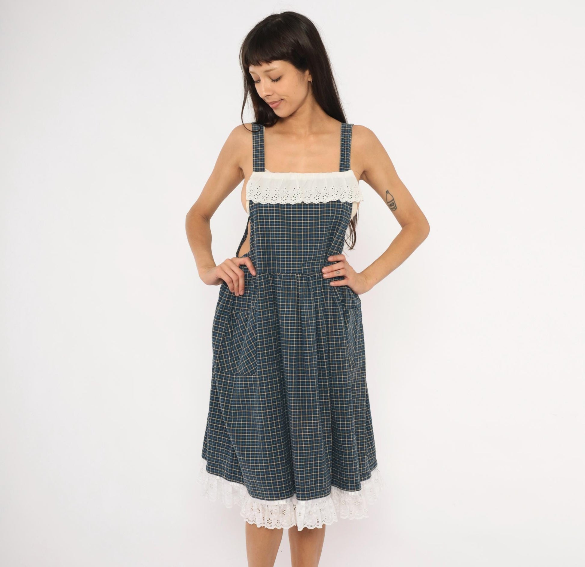 80s Navy Tan Plaid Pinafore Sundress Cotton Eyelet Lace Knee Medium