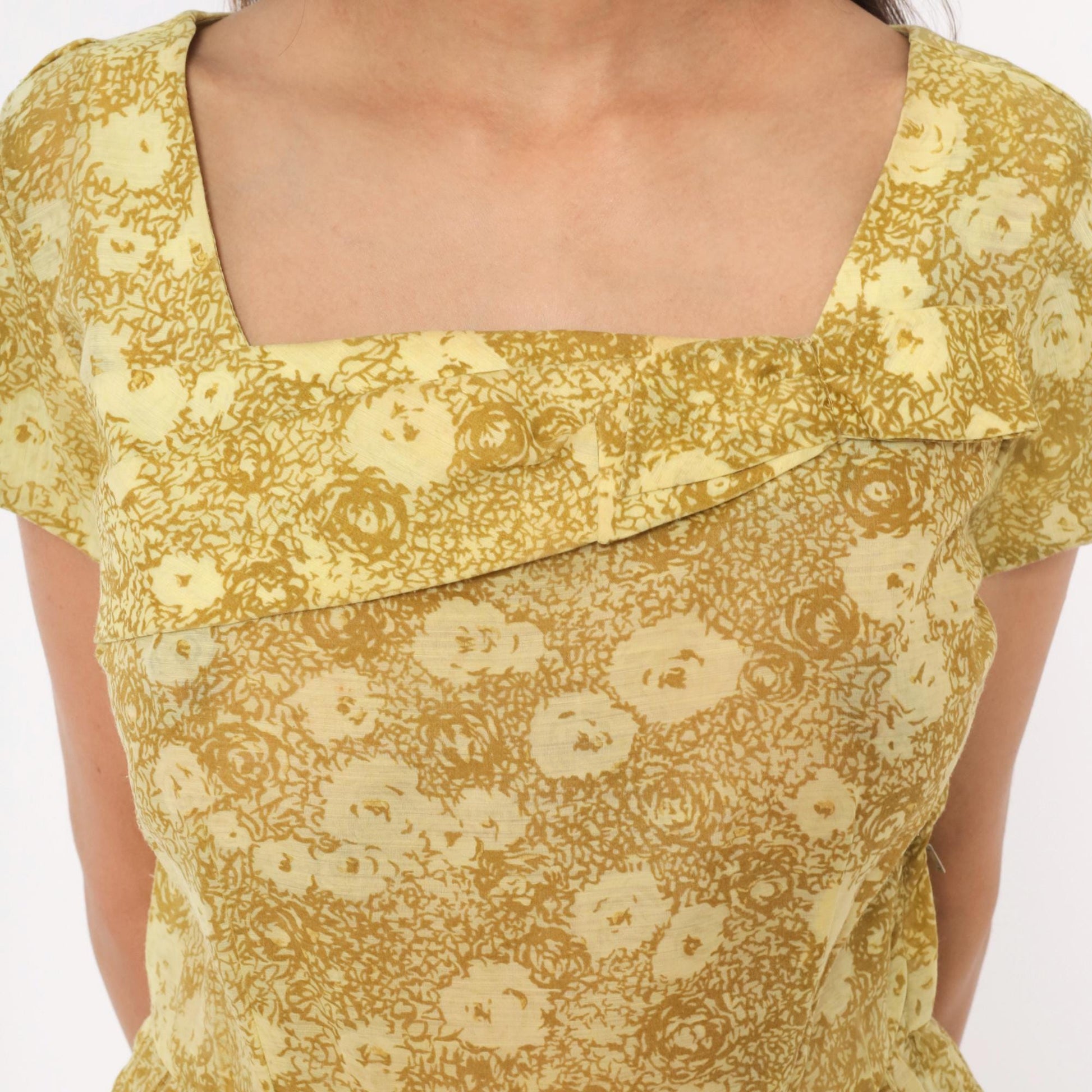 60s Annetta New York Floral Dress Square Neckline Pleated Full Skirt Medium