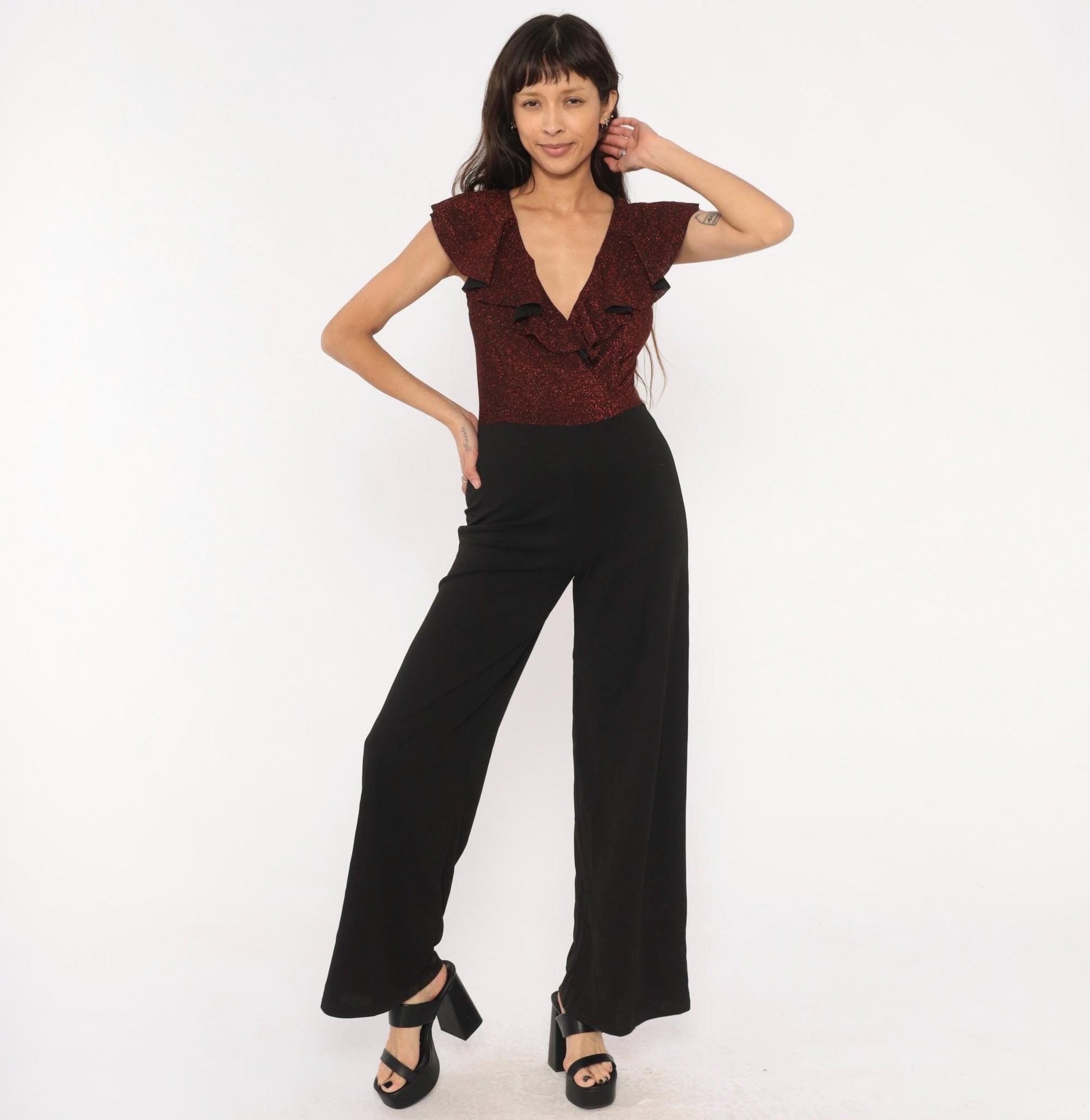 2000s Crece Jumpsuit Black Burgundy Glitter Ruffle Deep V Wide Leg Medium M