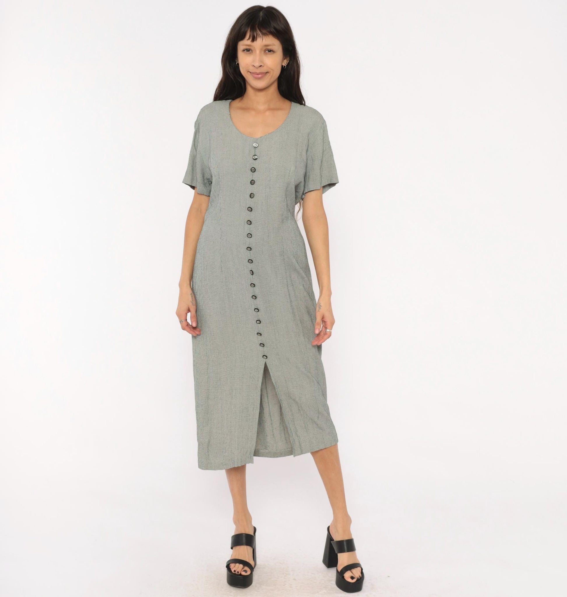 90s Miss Scarlett Houndstooth Midi Dress Button Front Scoop Neck Large L