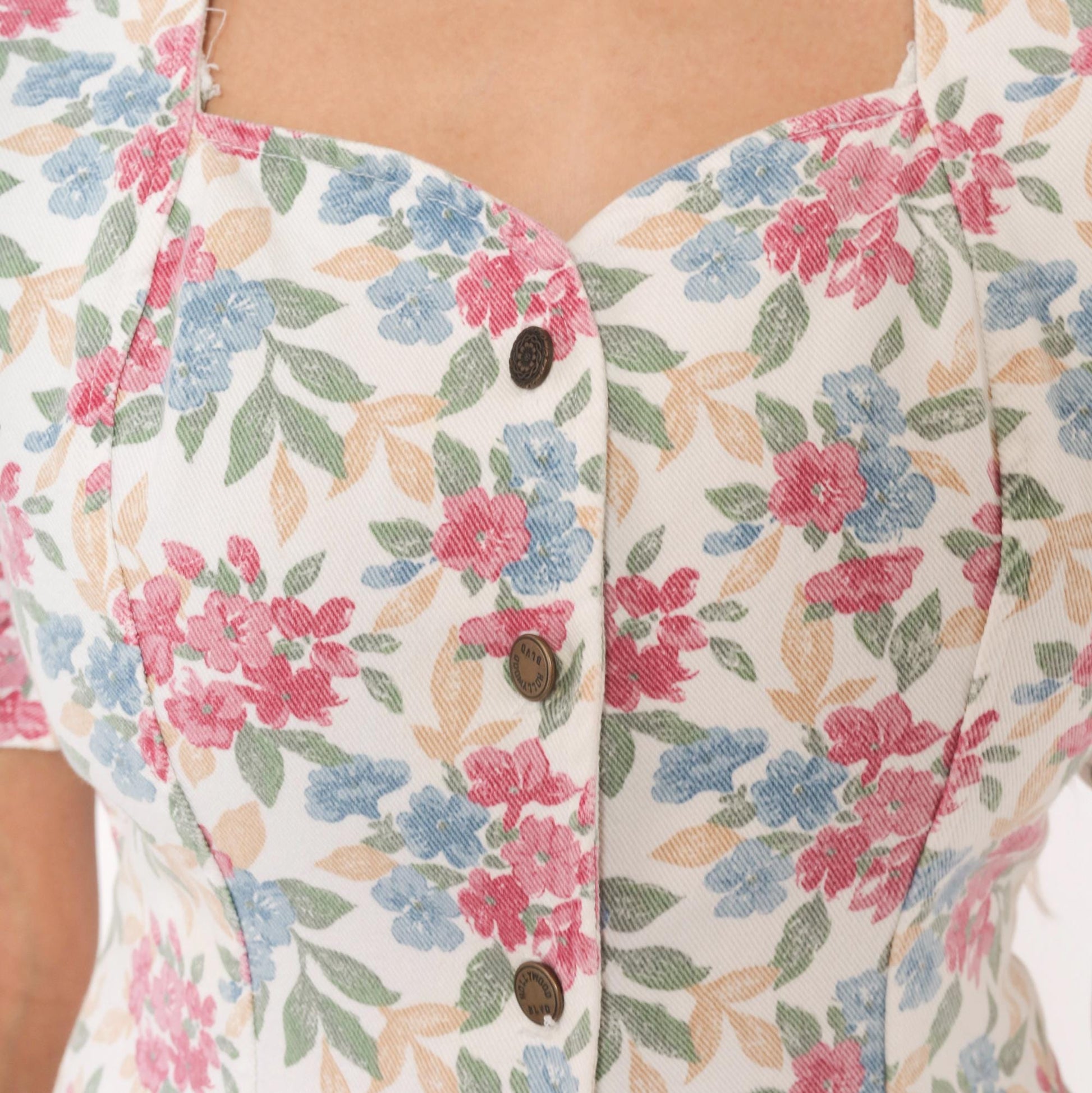 90s Hollywood Blvd Floral Mini Dress Sweetheart Puff Sleeve Cotton Small
