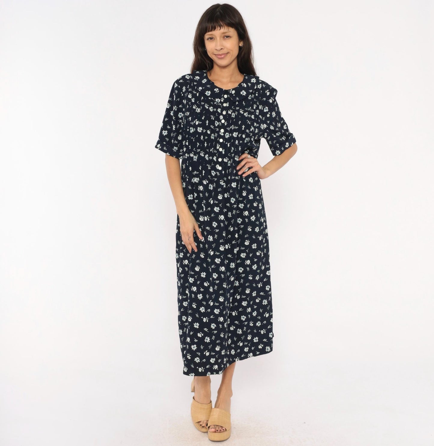 90s Kathie Lee Navy Floral Midi Dress Peter Pan Collar Pintuck Bodice Large L