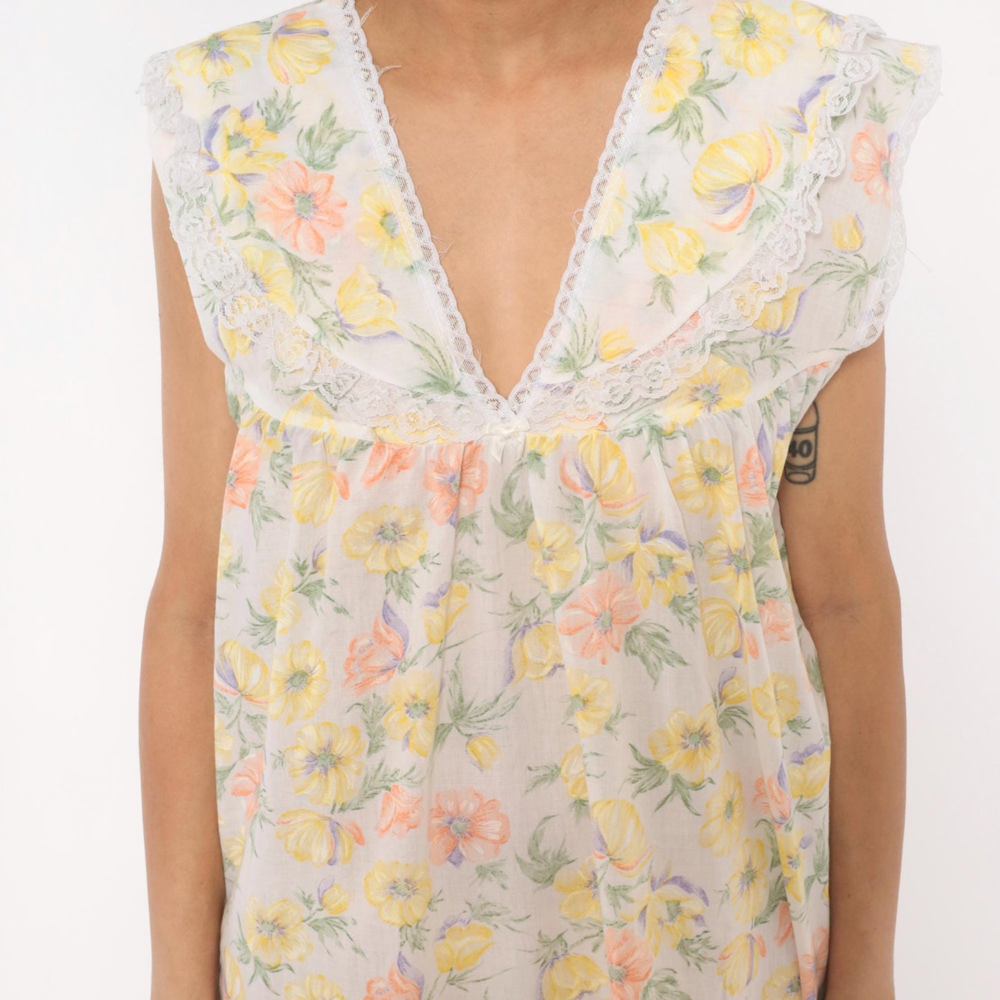 80s Floral Anemone Cotton Nightgown White Lace V-Neck Knee Length Medium M