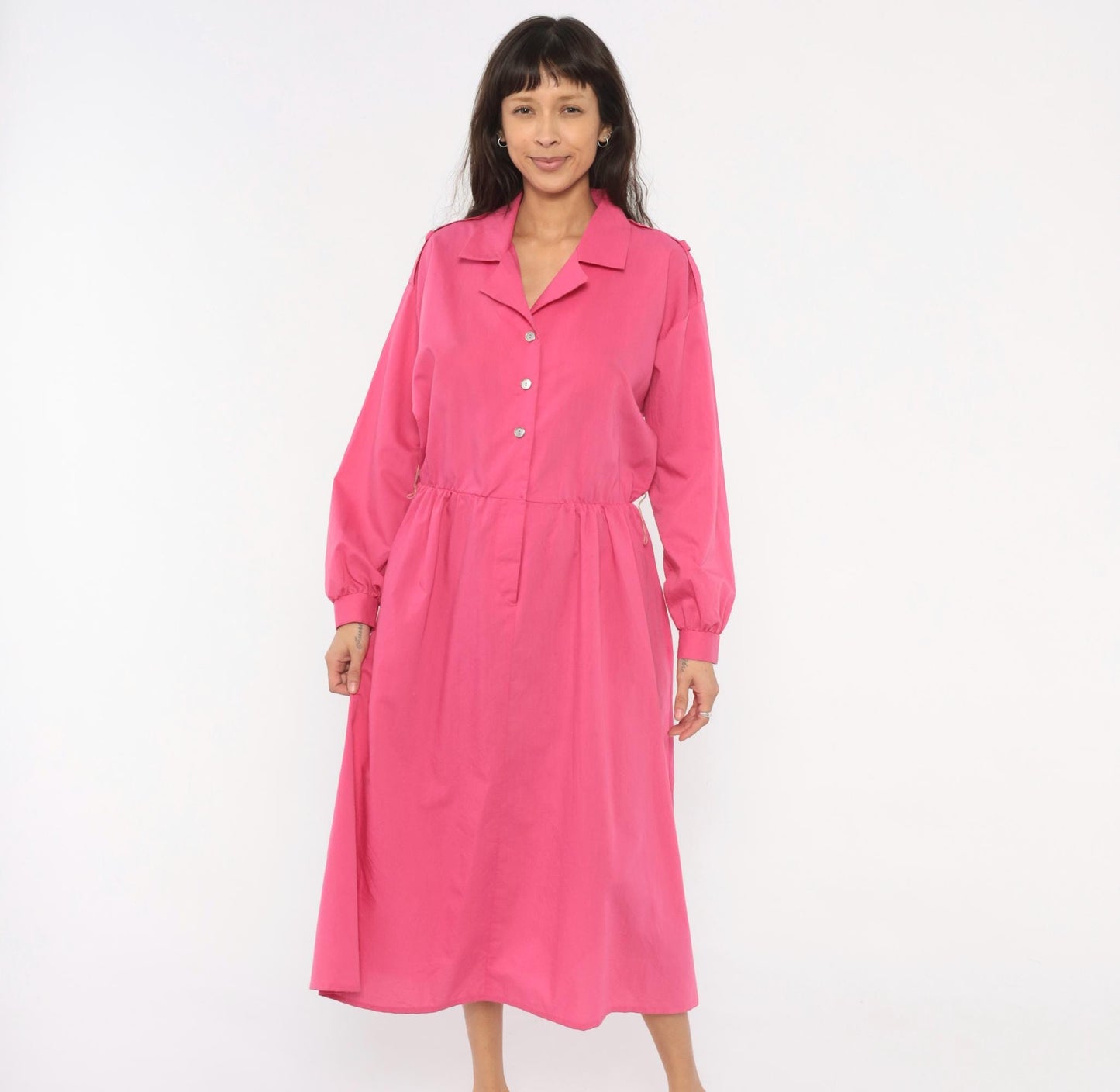 80s Hot Pink Shirtdress Midi Gathered Waist Balloon Sleeve Epaulette Large L