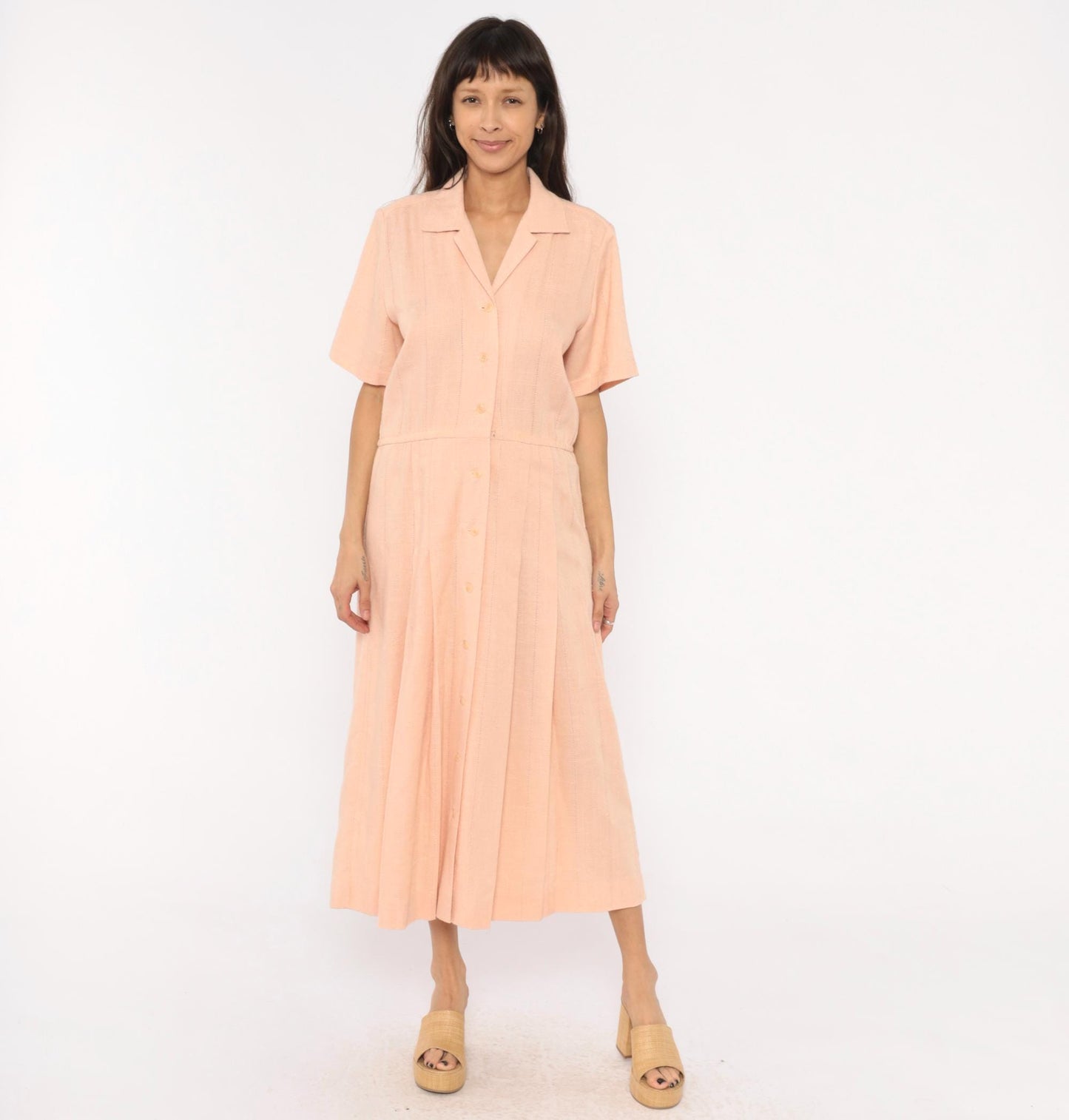 80s Peach Cotton Maxi Shirtdress Camp Collar Pleated Prairie Large L