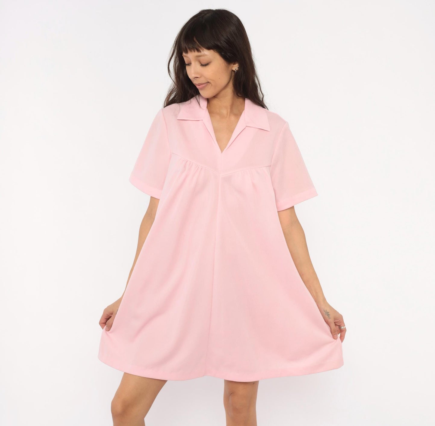 70s Baby Pink Babydoll Dress V Neck Gathered Bust A Line Knee Length Extra Large