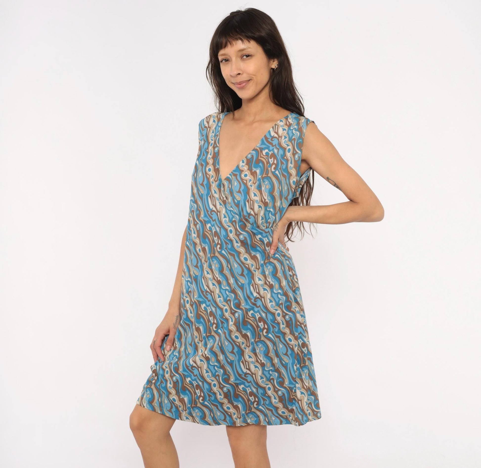 2000s Abstract Swirl Shift Dress V Neck Knee Length Blue Brown Tan Extra Large