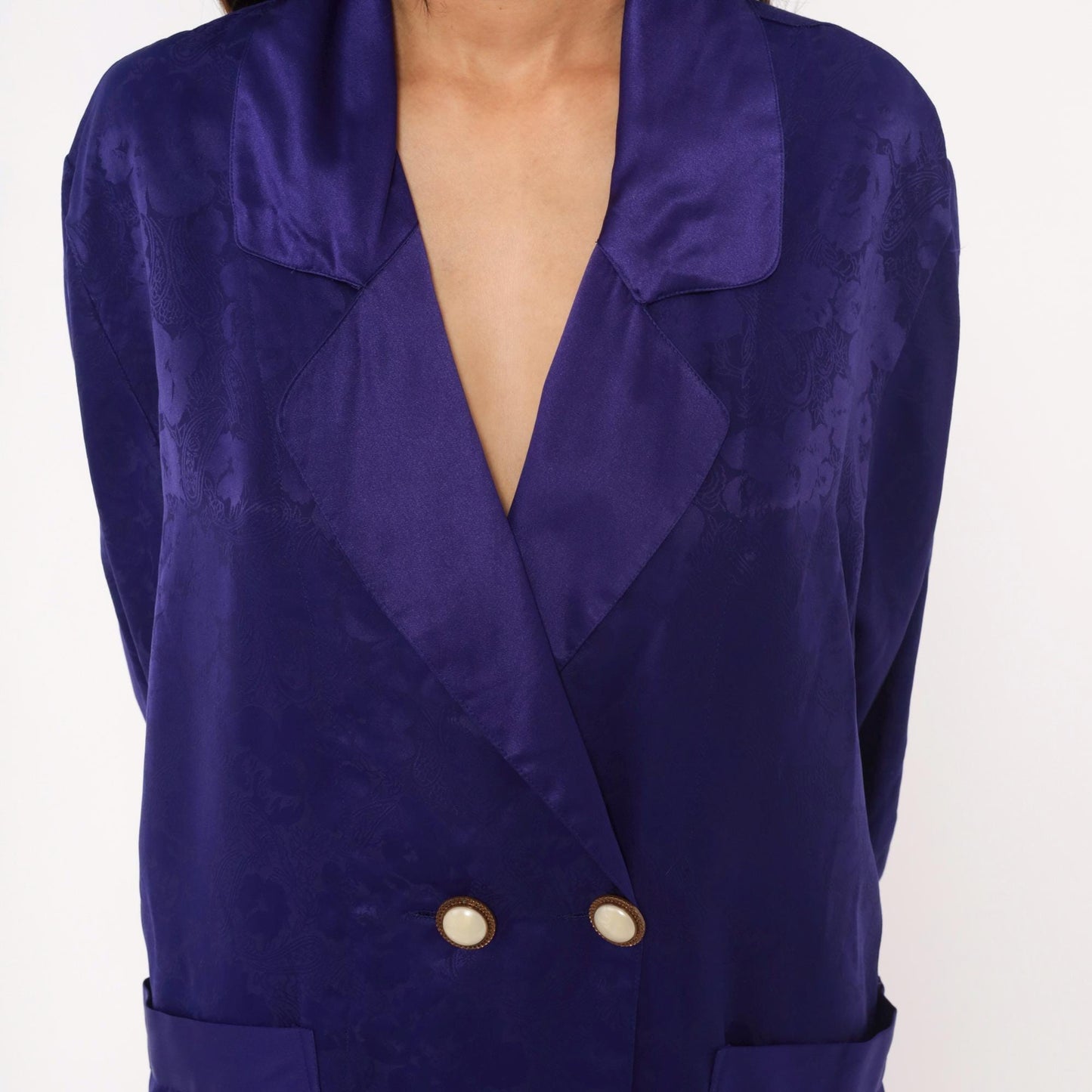 90s Victoria's Secret Purple Jacquard Midi Robe Double Breasted Satin Lapel Small