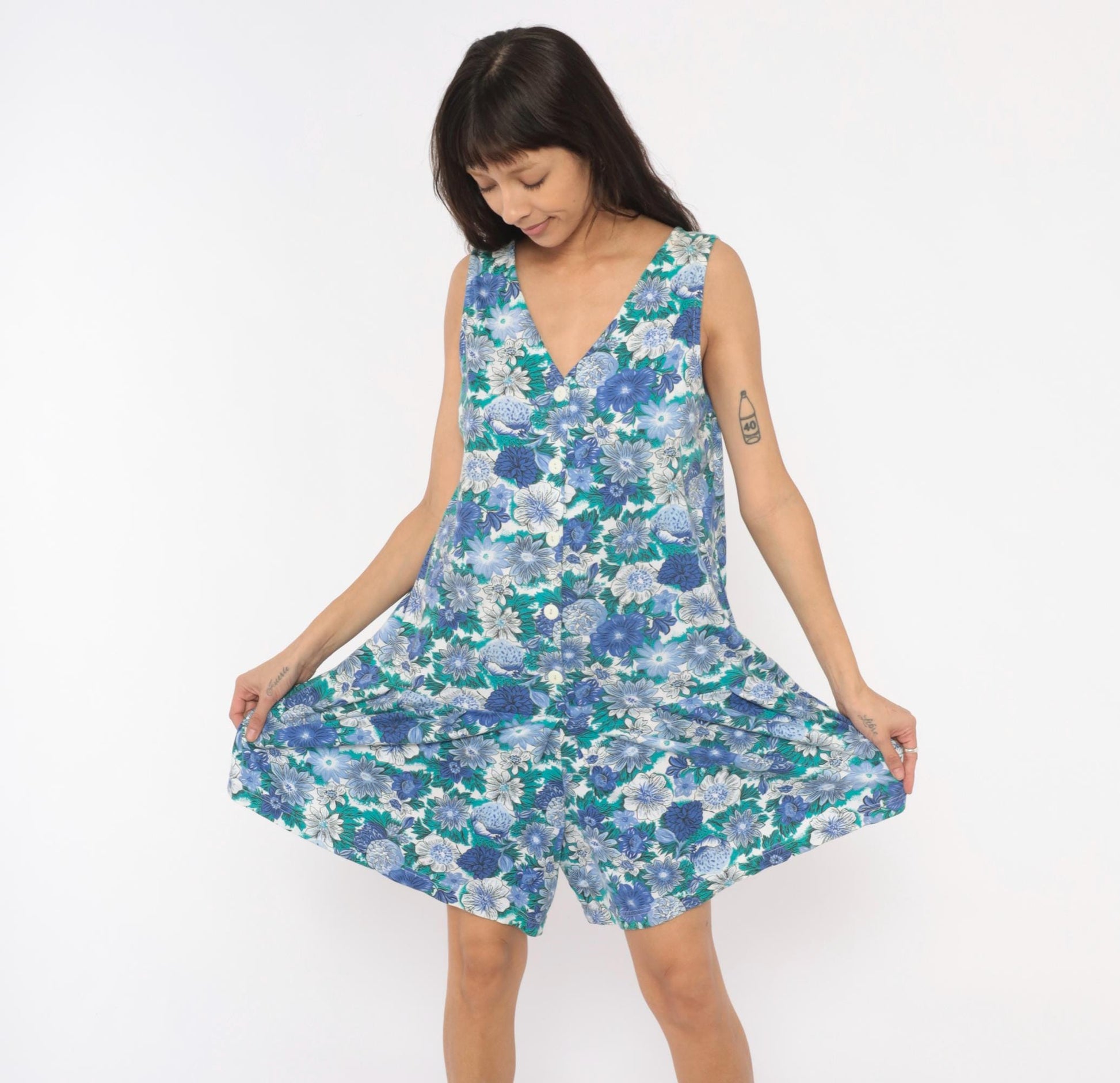 90s Floral Romper Blue Teal White Button Front V Neck Sleeveless Cotton Playsuit Medium M