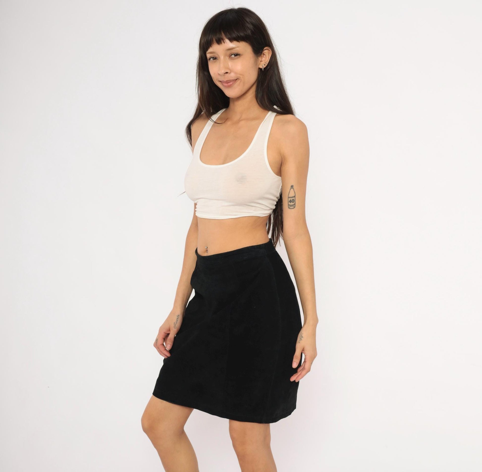 90s Black Suede Pencil Skirt High Waist Knee Length Medium M