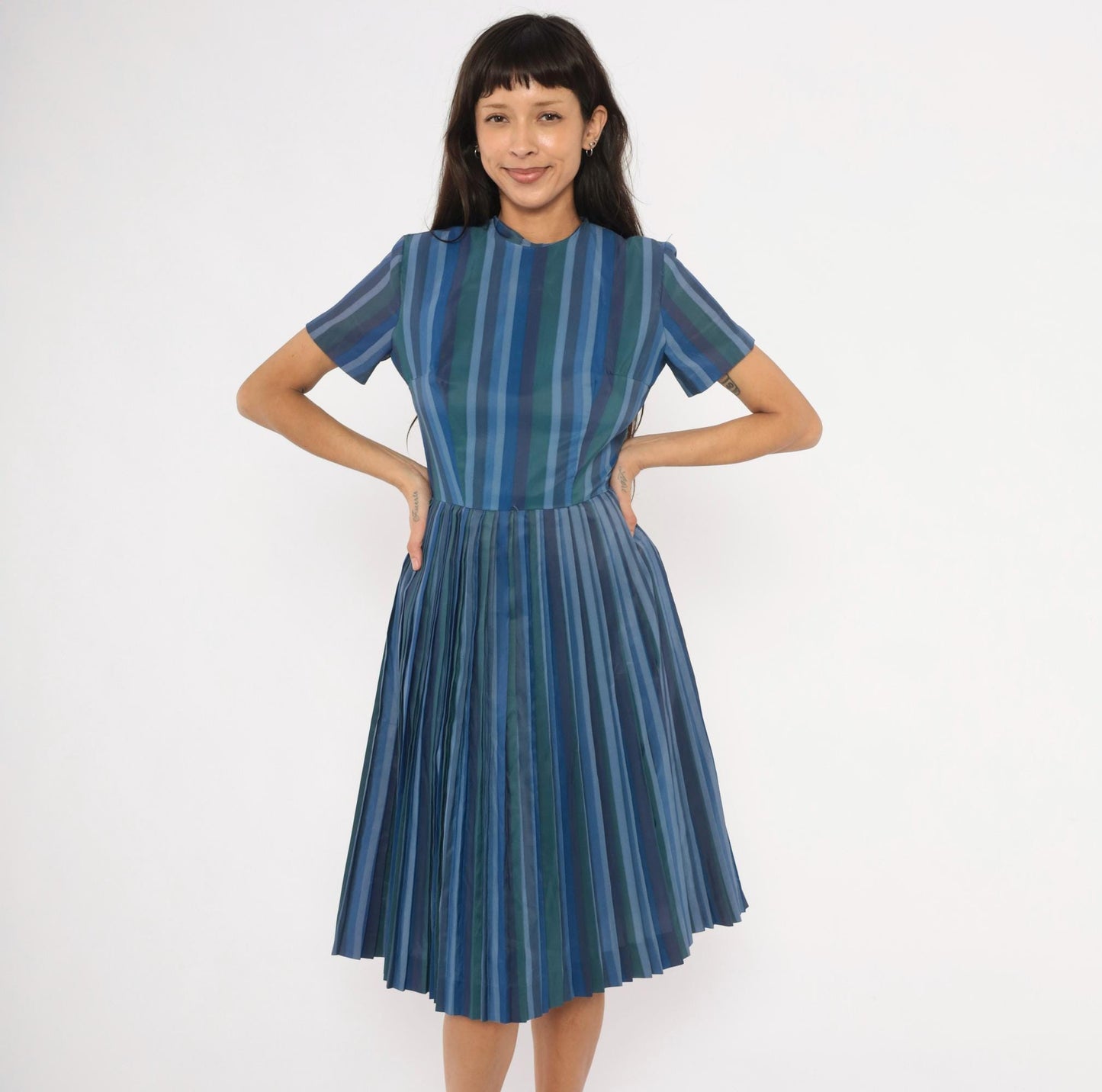60s Stacy Ames Striped Pleated Midi Dress Navy Teal Crew Neck Small