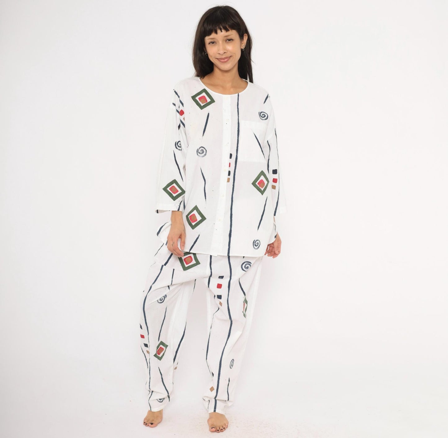 90s Allegre Geometric Print Cotton Two Piece Set White Large L