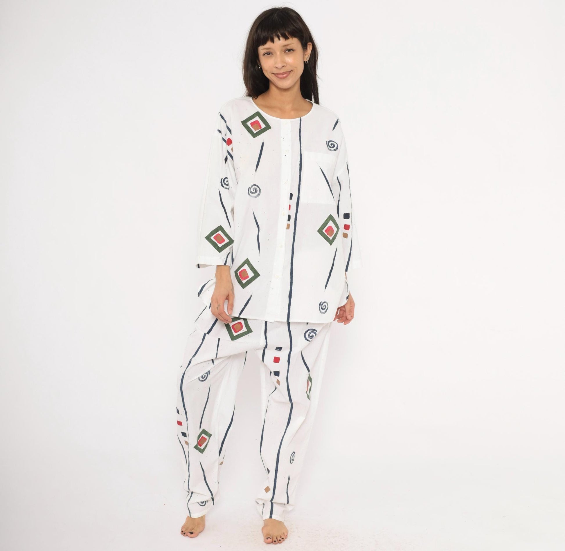 90s Allegre Geometric Print Cotton Two Piece Set White Large L