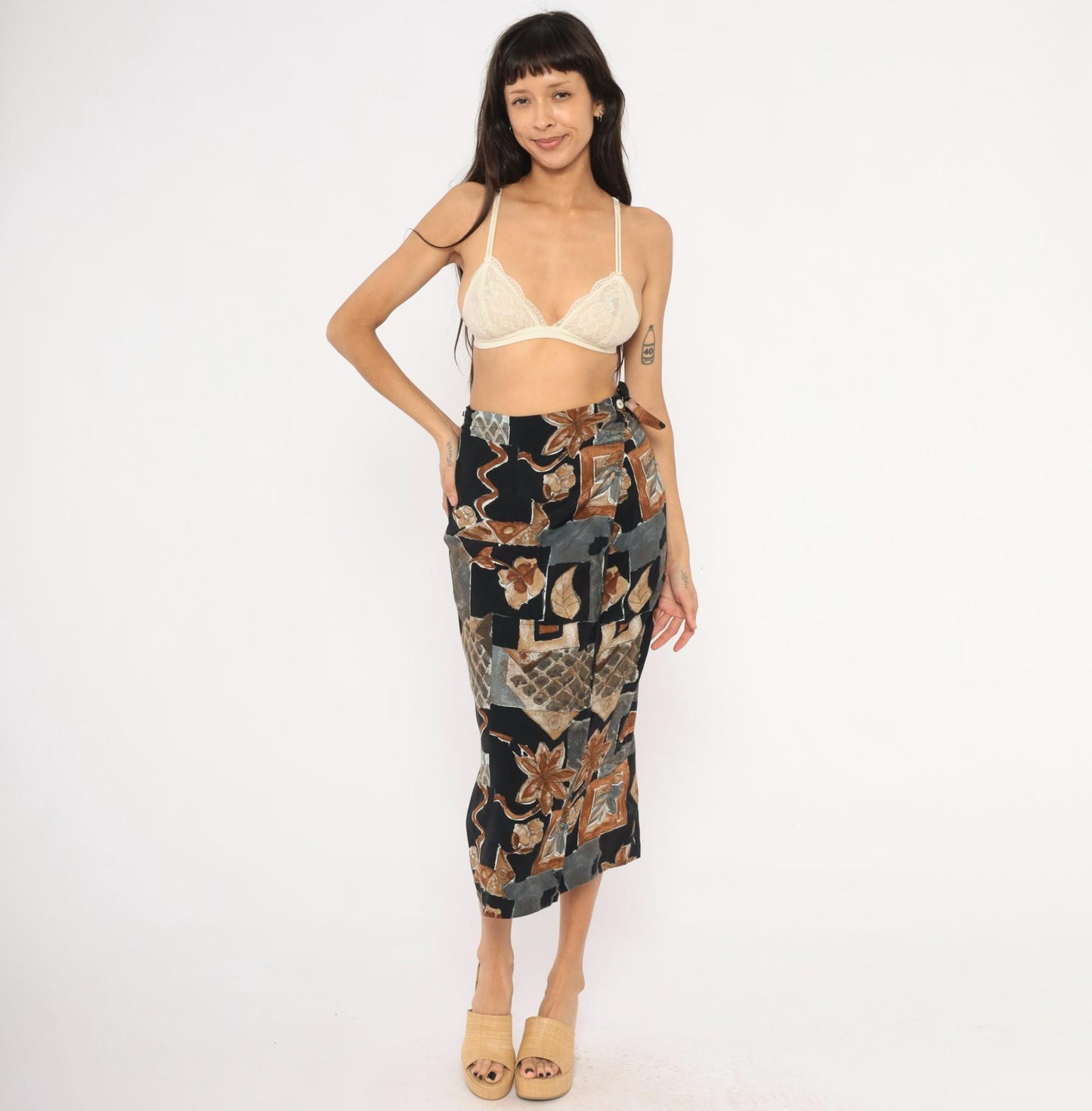90s Abstract Botanical Wrap Skirt Black Patchwork Midi Small S
