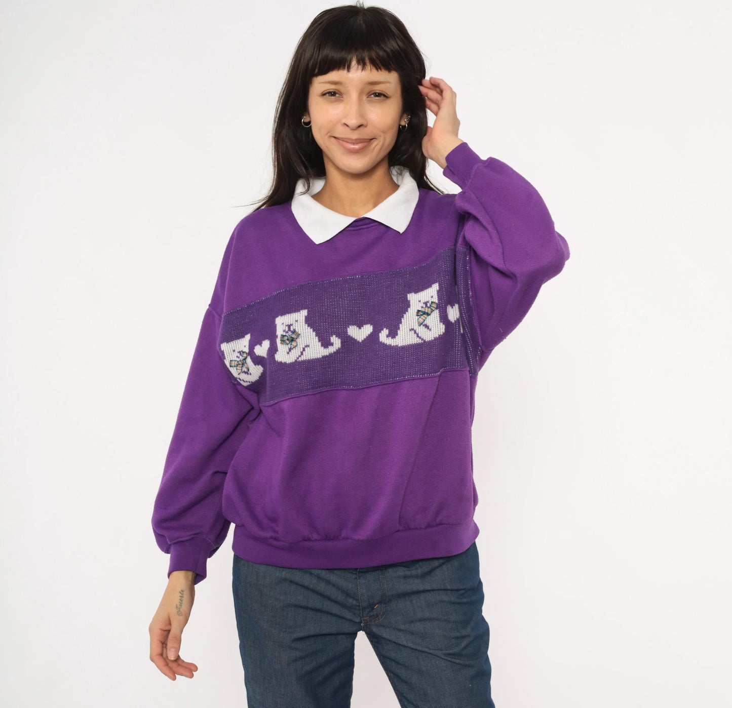 90s Purple Cat Collared Sweatshirt White Collar Plaid Bow Heart Panel Plus Size 1X