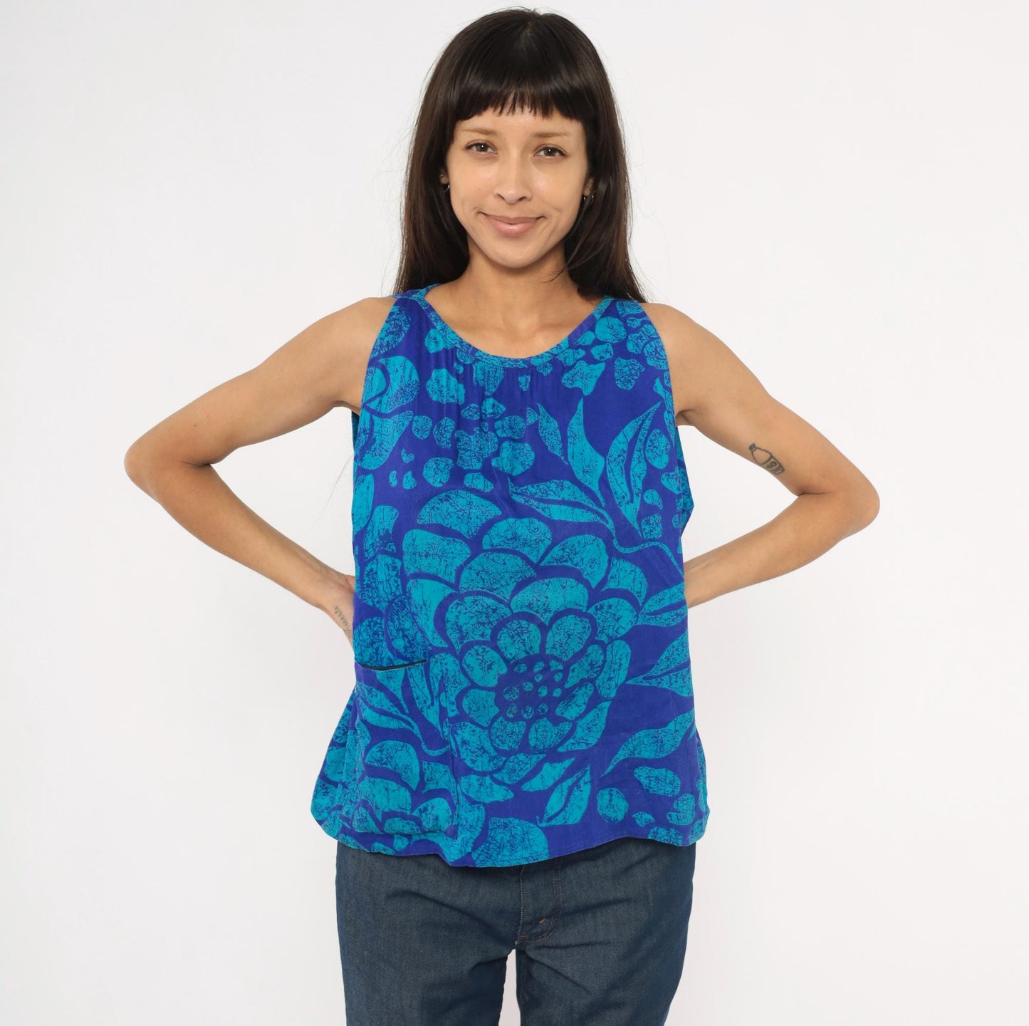 70s Batik Floral Tank Top Cobalt Teal Cotton Scoop Neck Medium M