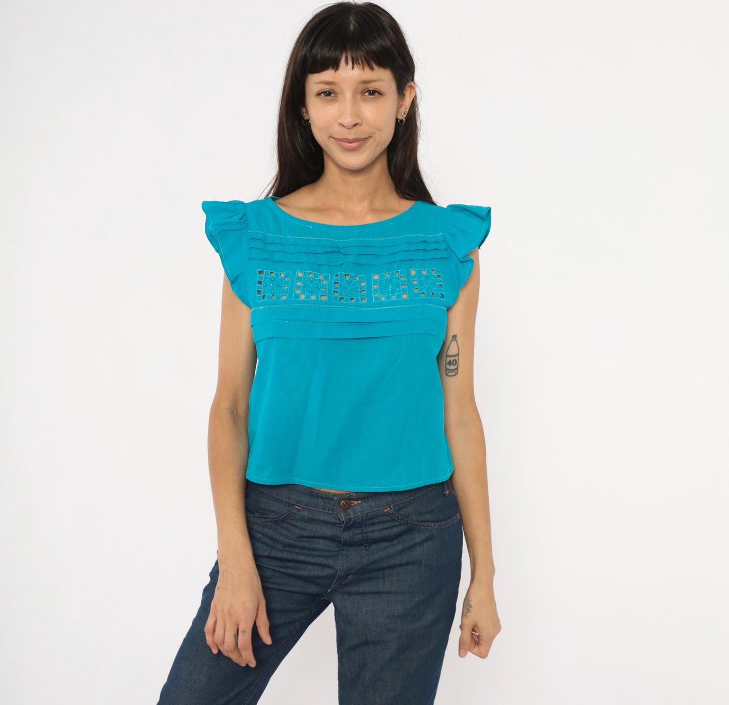90s Teal Cutwork Cotton Blouse Flutter Cap Sleeve Crop Extra Small XS
