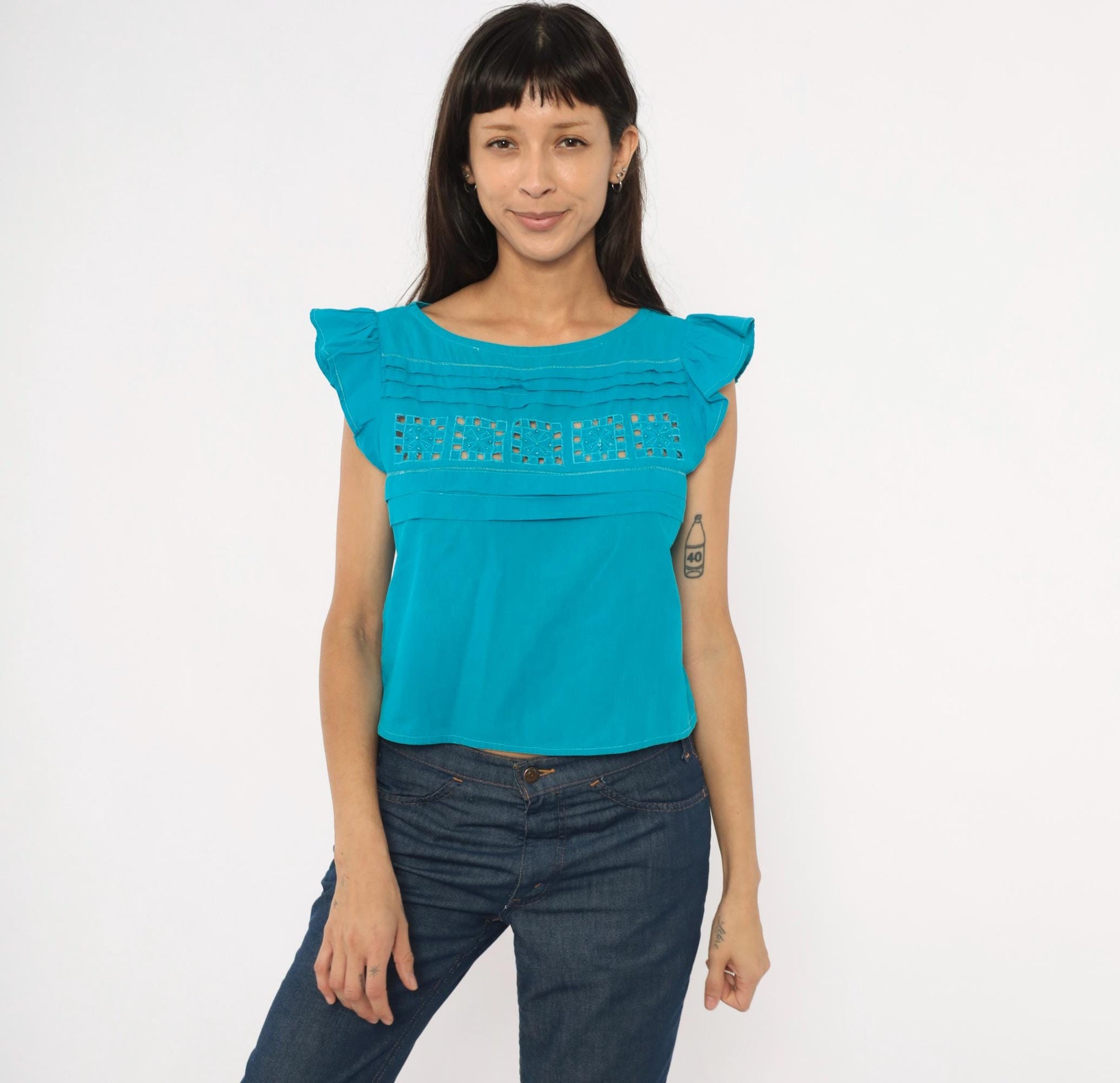 90s Teal Cutwork Cotton Blouse Flutter Cap Sleeve Crop Extra Small XS