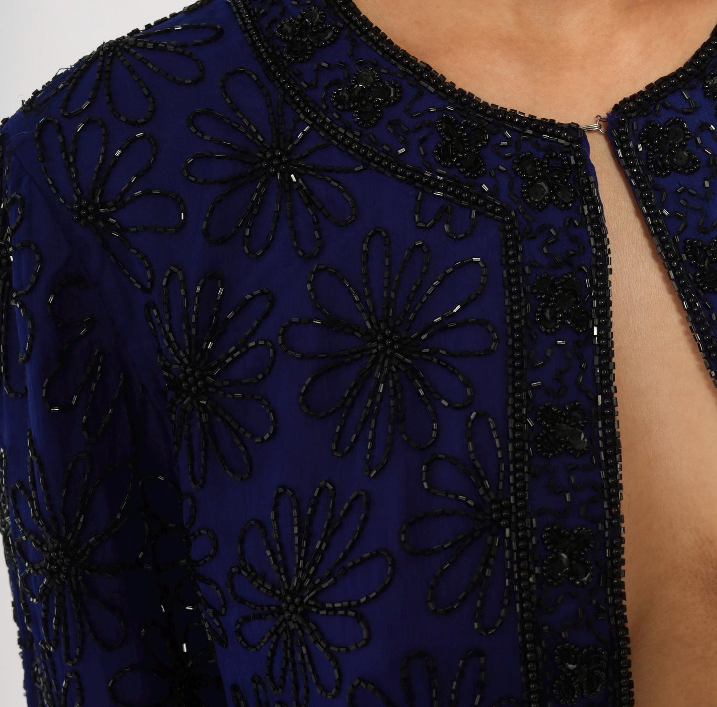 90s Stenay Silk Cropped Jacket Navy Beaded Floral Sequin Small