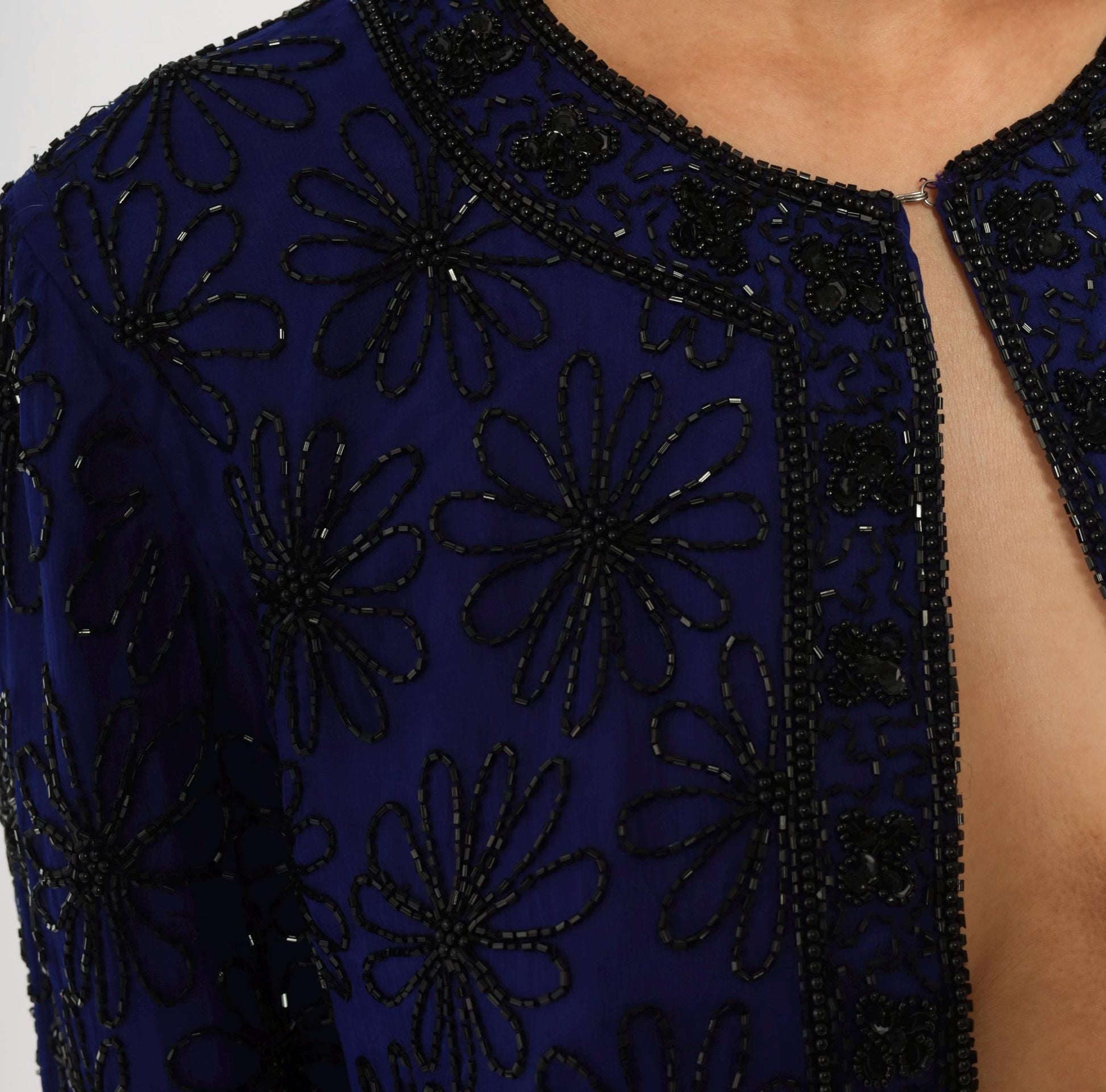 90s Stenay Silk Cropped Jacket Navy Beaded Floral Sequin Small