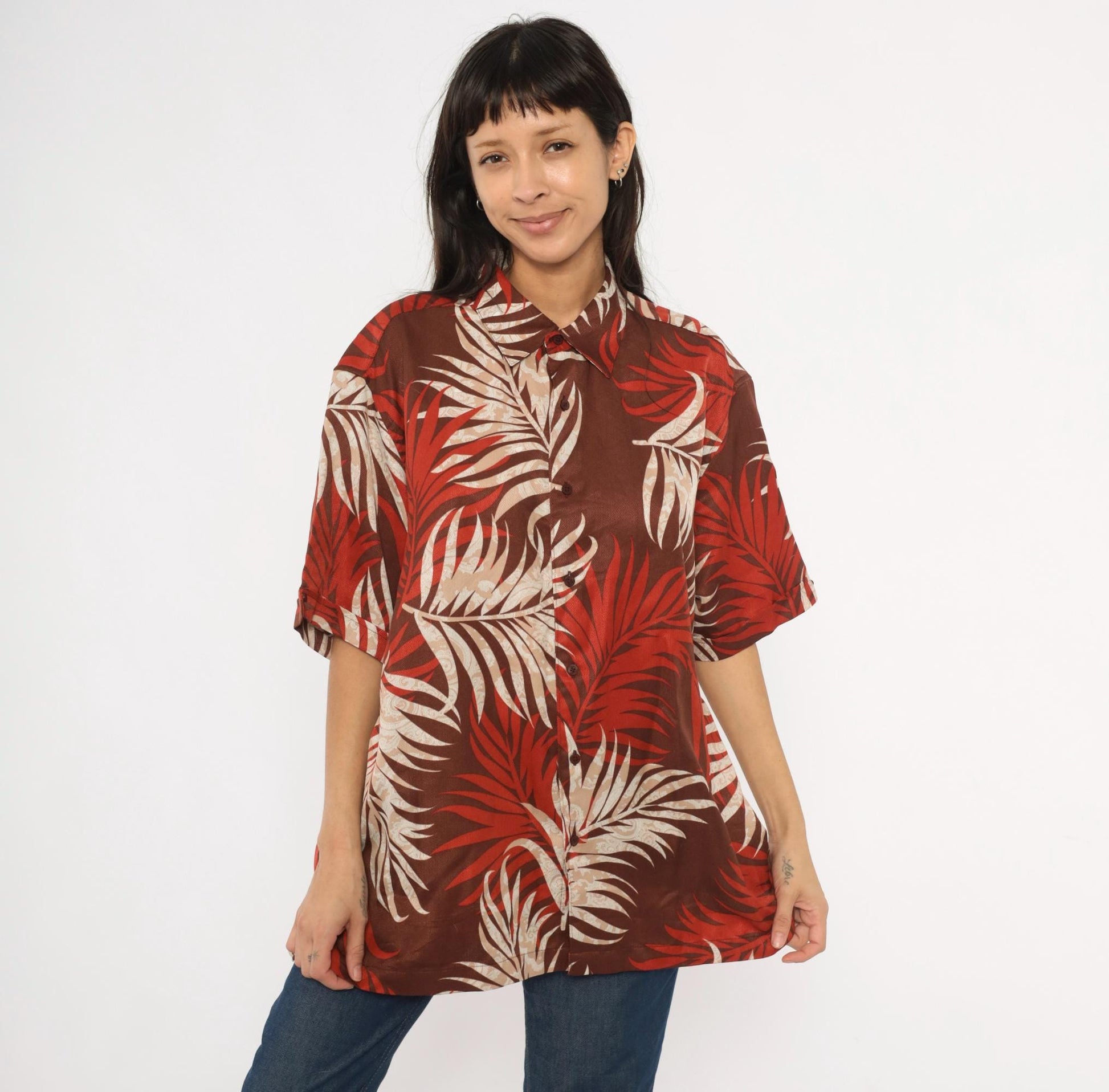 Y2K Havanera Hawaiian Shirt Palm Frond Print Rust Brown Cream Extra Large XL