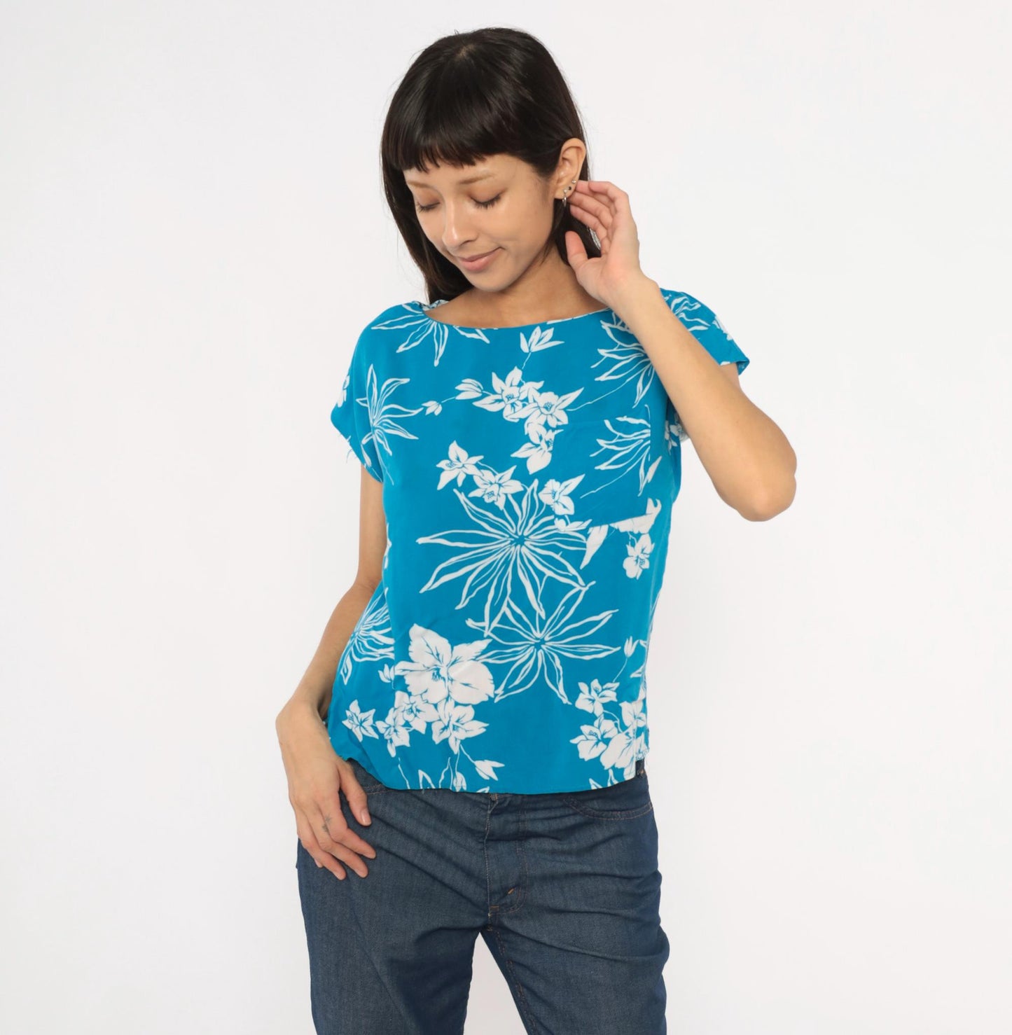 80s Charlie Tropical Floral Blouse Cobalt Blue Cap Sleeve Rayon Medium