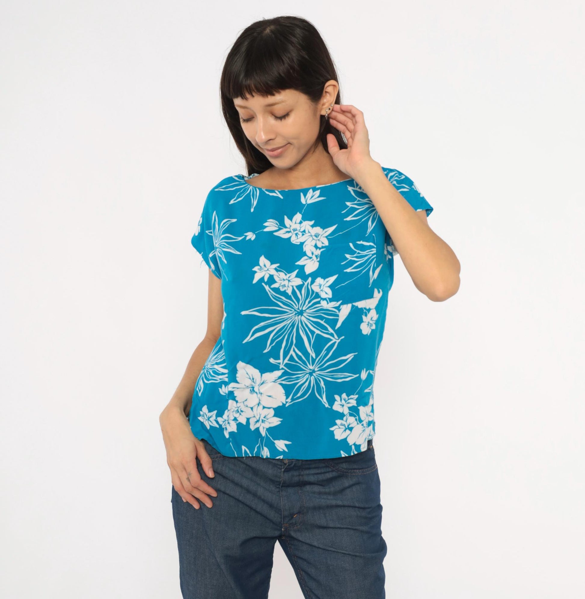80s Charlie Tropical Floral Blouse Cobalt Blue Cap Sleeve Rayon Medium