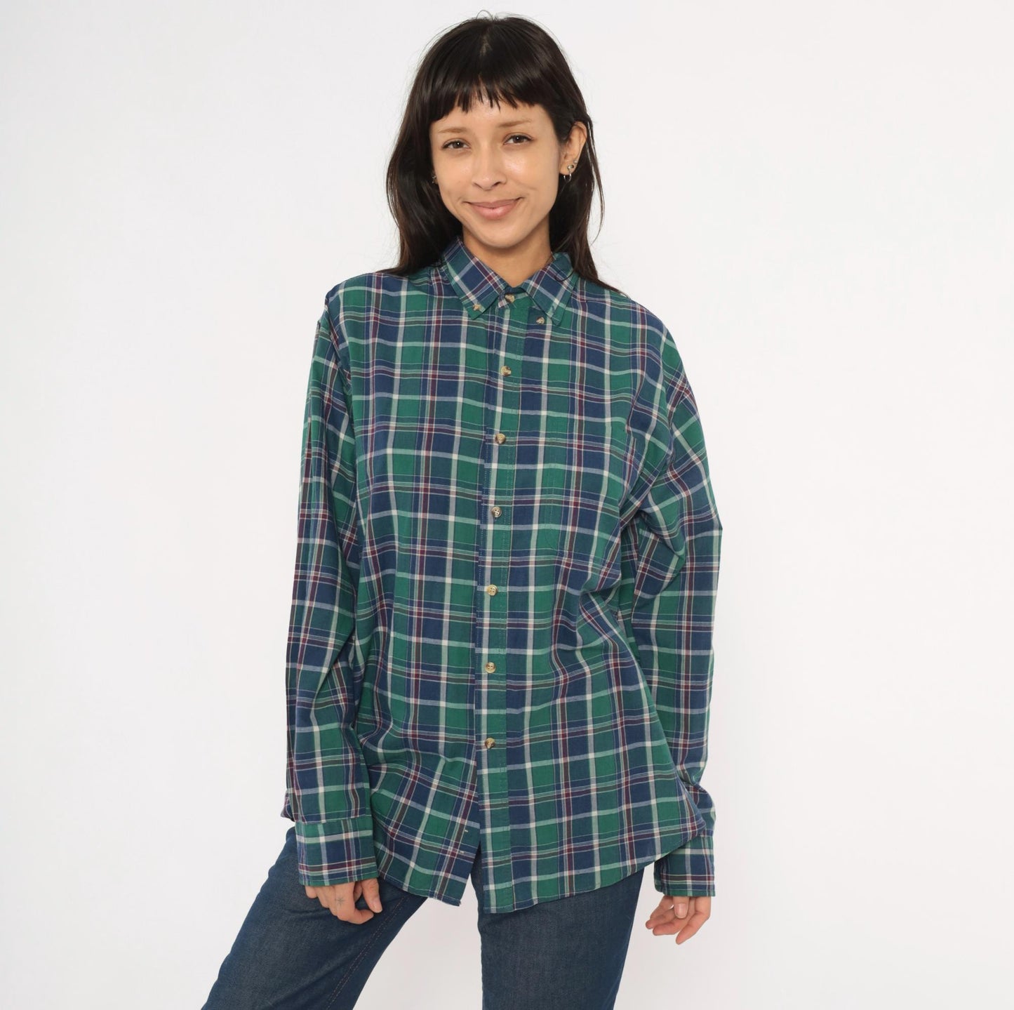 80s McGregor Plaid Flannel Button-Down Shirt Forest Green Navy Tartan Large L