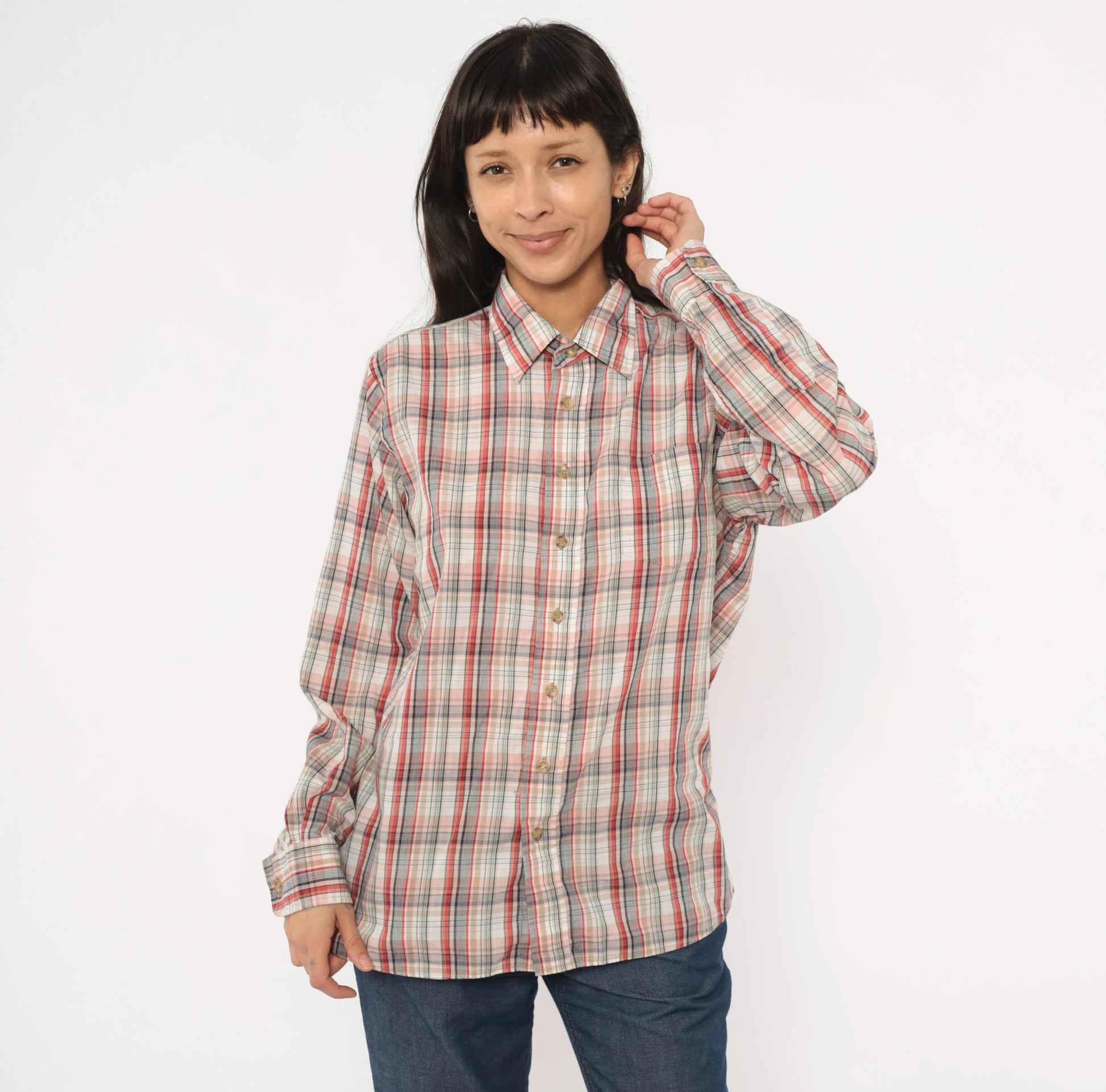 80s New York Sportswear Exchange Plaid Button-Up Shirt Cream Burgundy Medium